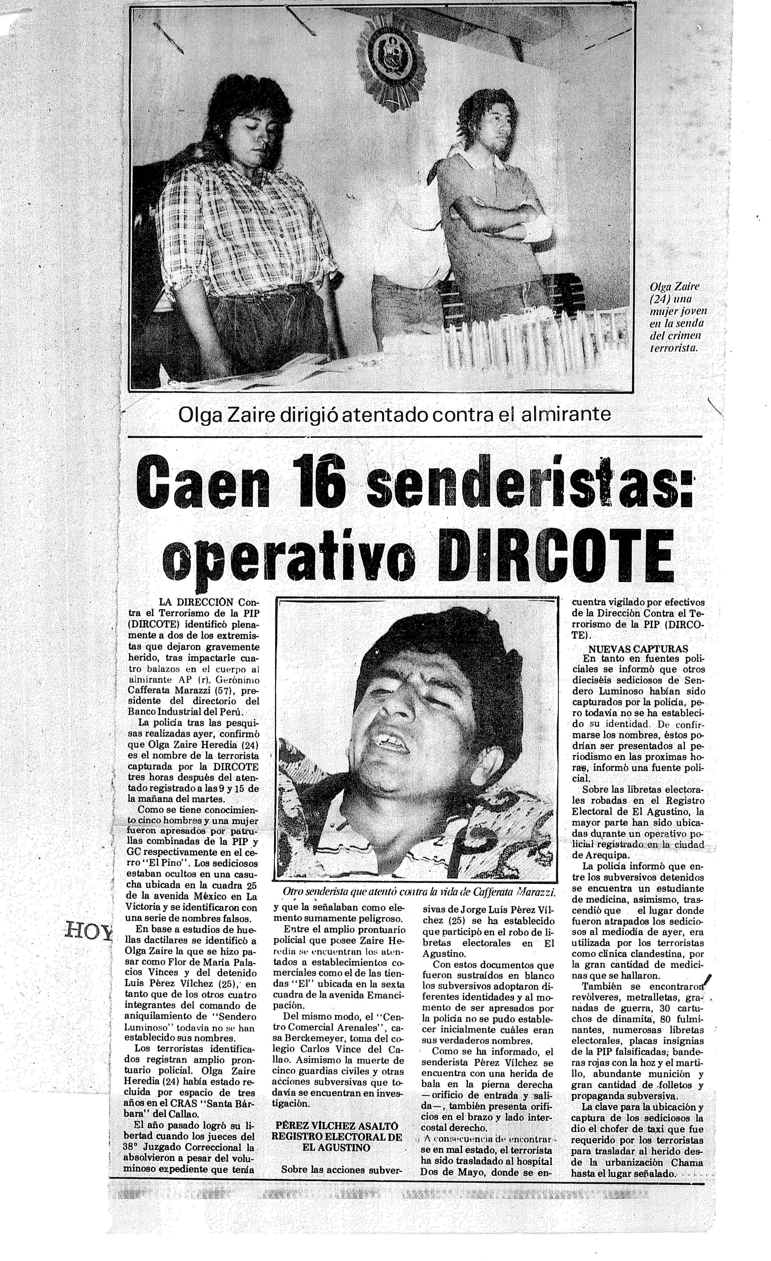 Caen 16 senderistas por atentado Cafferata