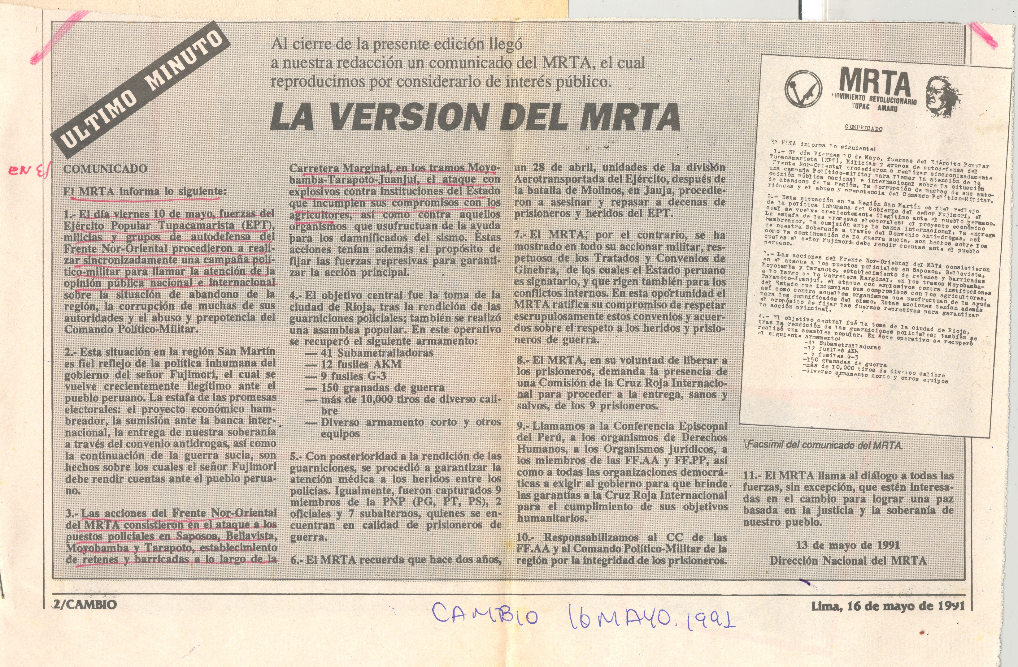 16 MAYO VERSIÓN DEL MRTA SOBRE EL SECUESTRO EN SAPOSOA