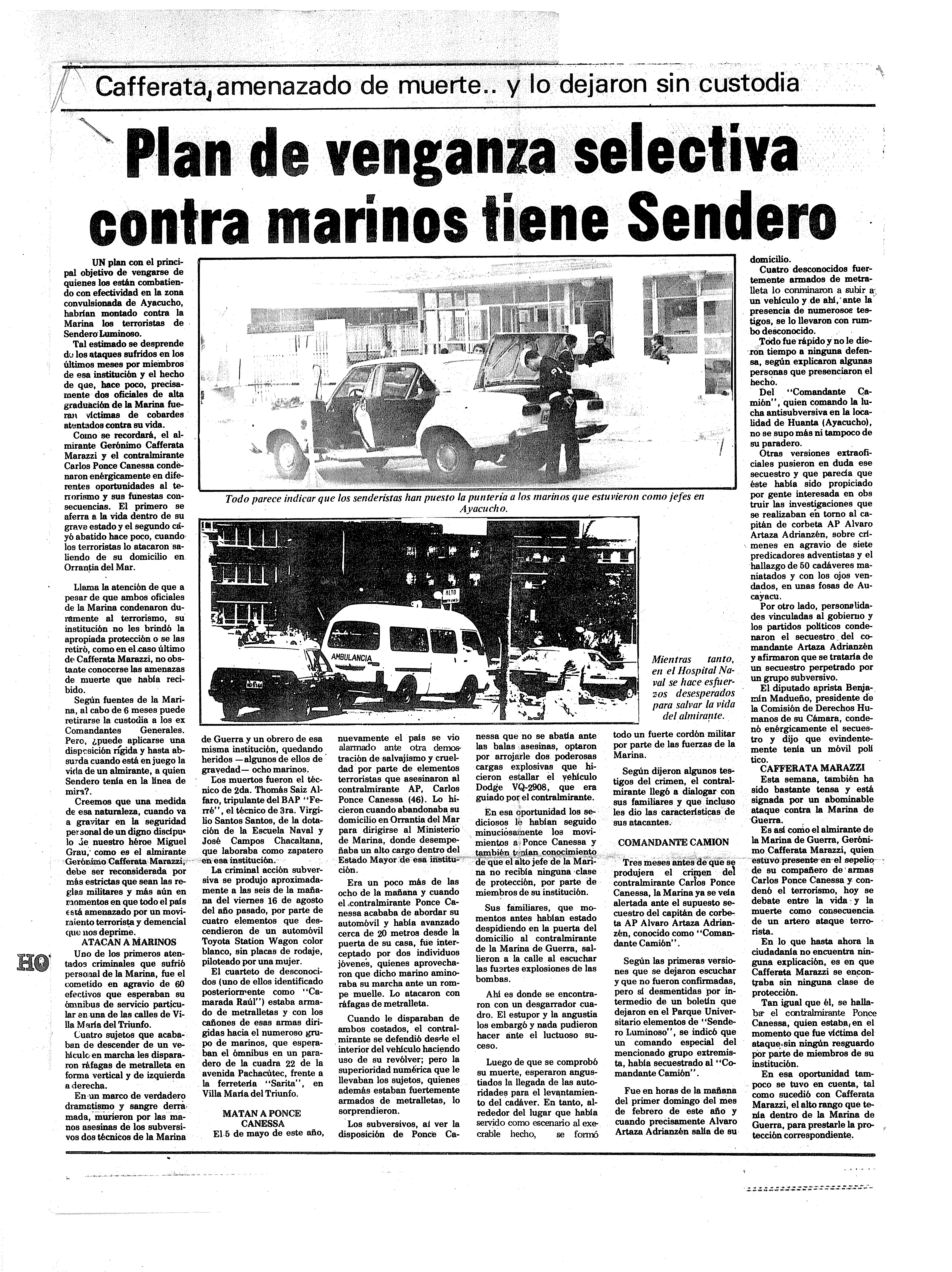 Cafferata amenazado por SL y sin protección