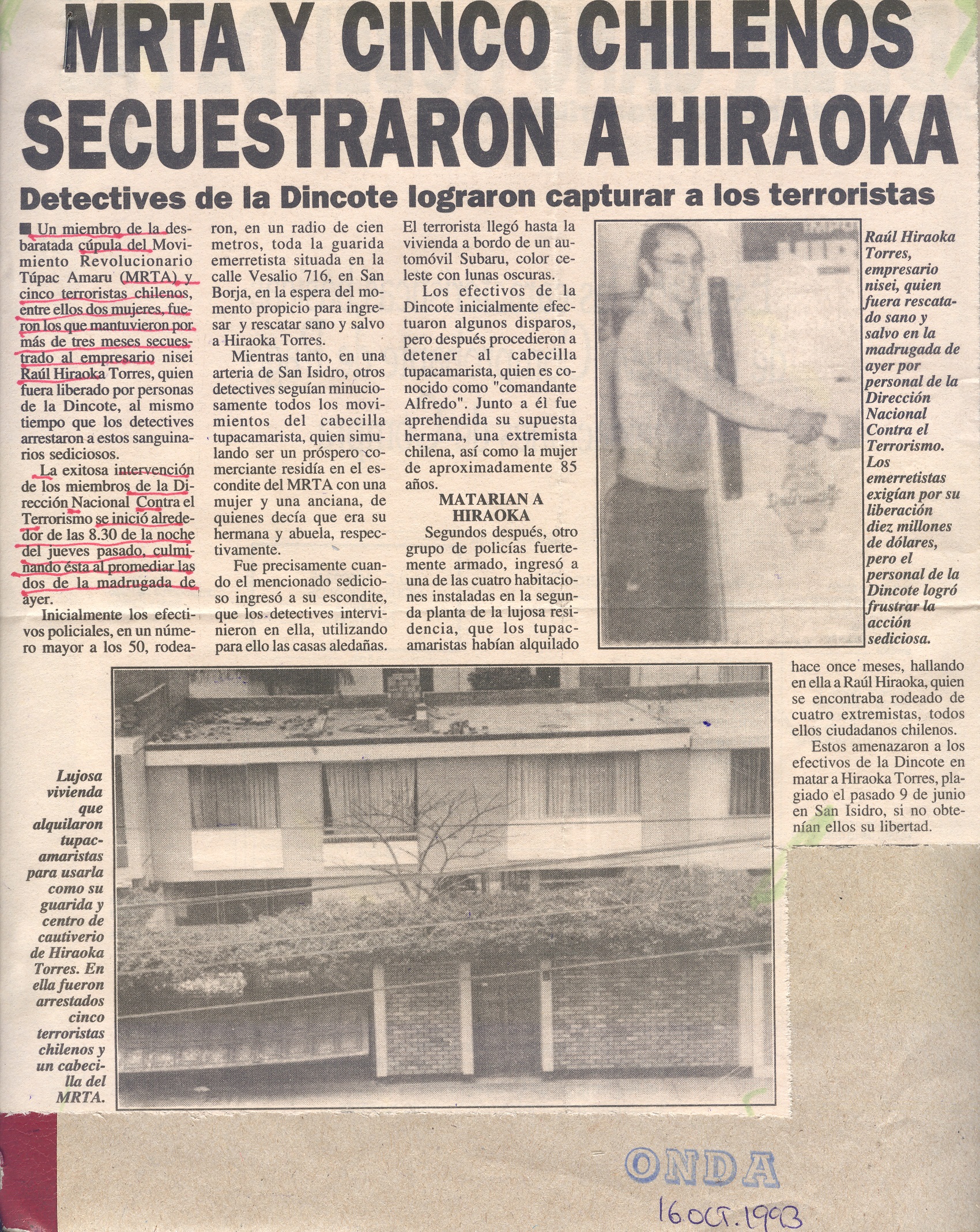 MRTA Y 5 CHILENOS SECUESTRARON A HIRAOKA