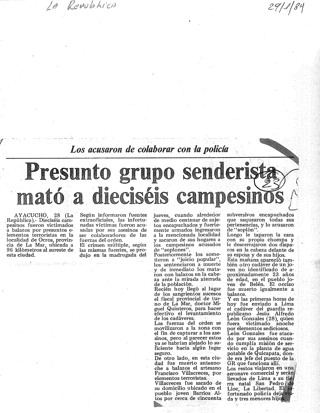 Presunto grupo senderista mató a dieciséis campesinos