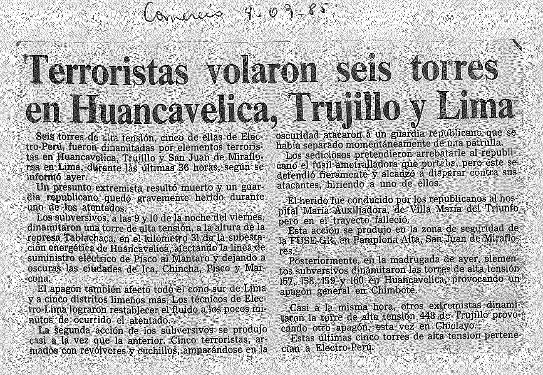 Terroristas volaron seis torres en Huancavelica, Trujillo y Lima