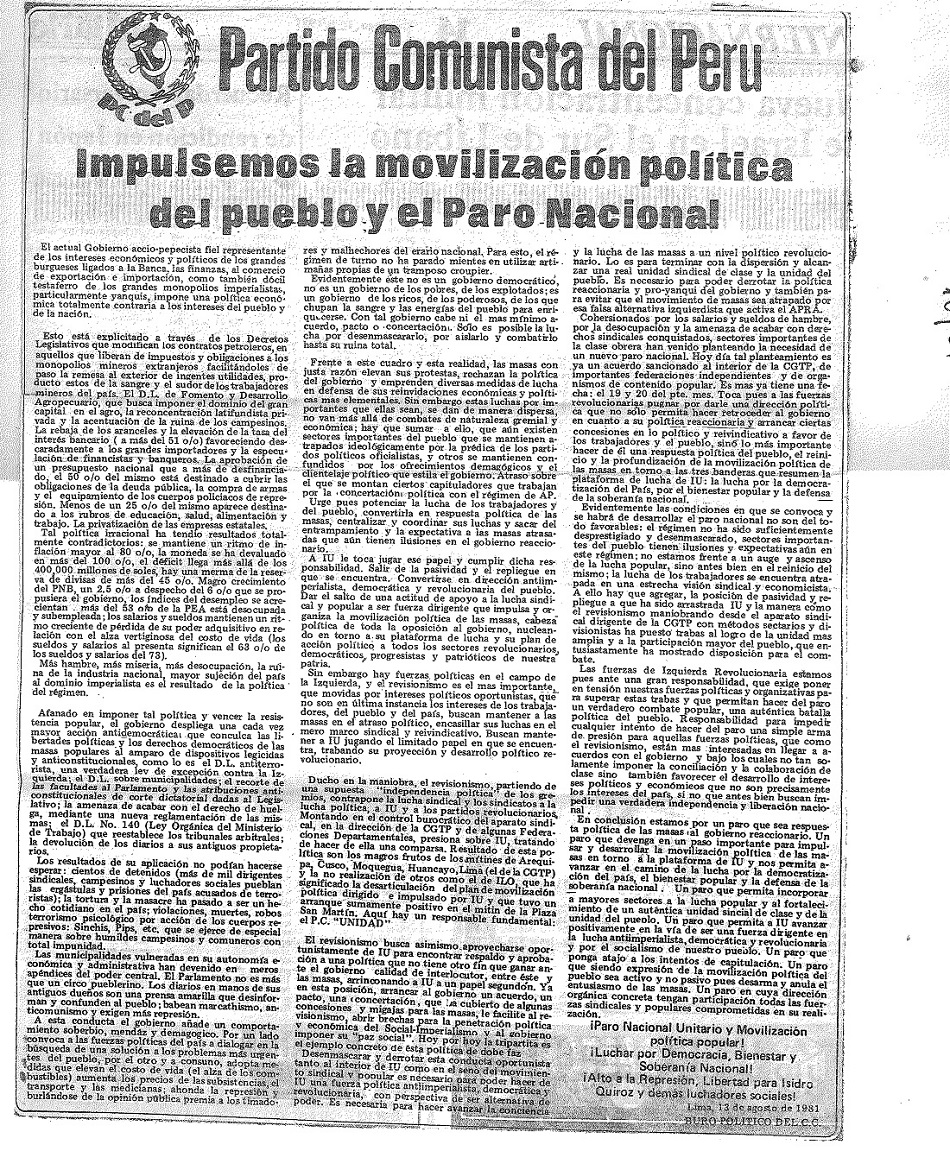 Partido Comunista del Perú - Patria Roja: Impulsemos la movilización política del pueblo y el Paro Nacional