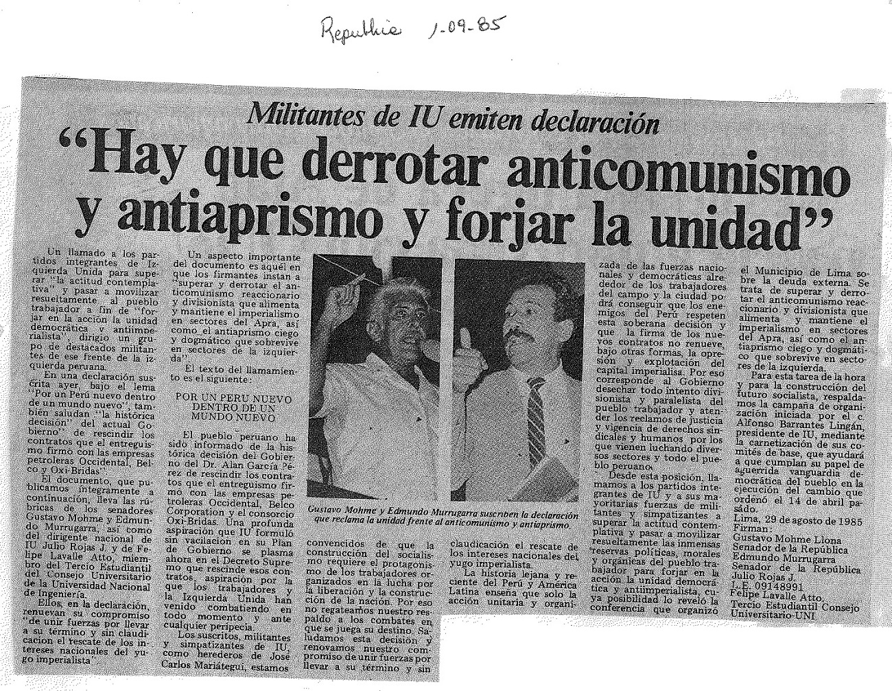 “Hay que derrotar anticomunismo y antiaprismo y forjar la unidad”