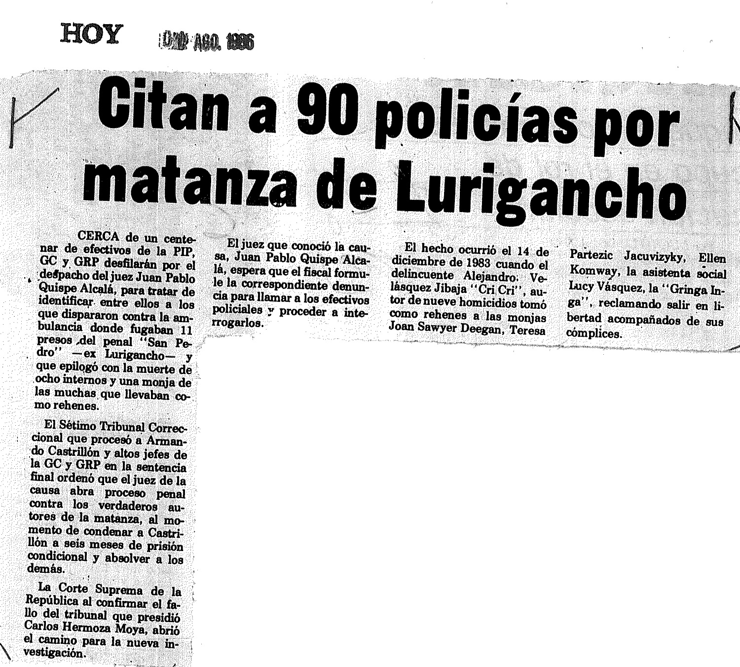 Citan a 90 policías por matanza de Lurigancho