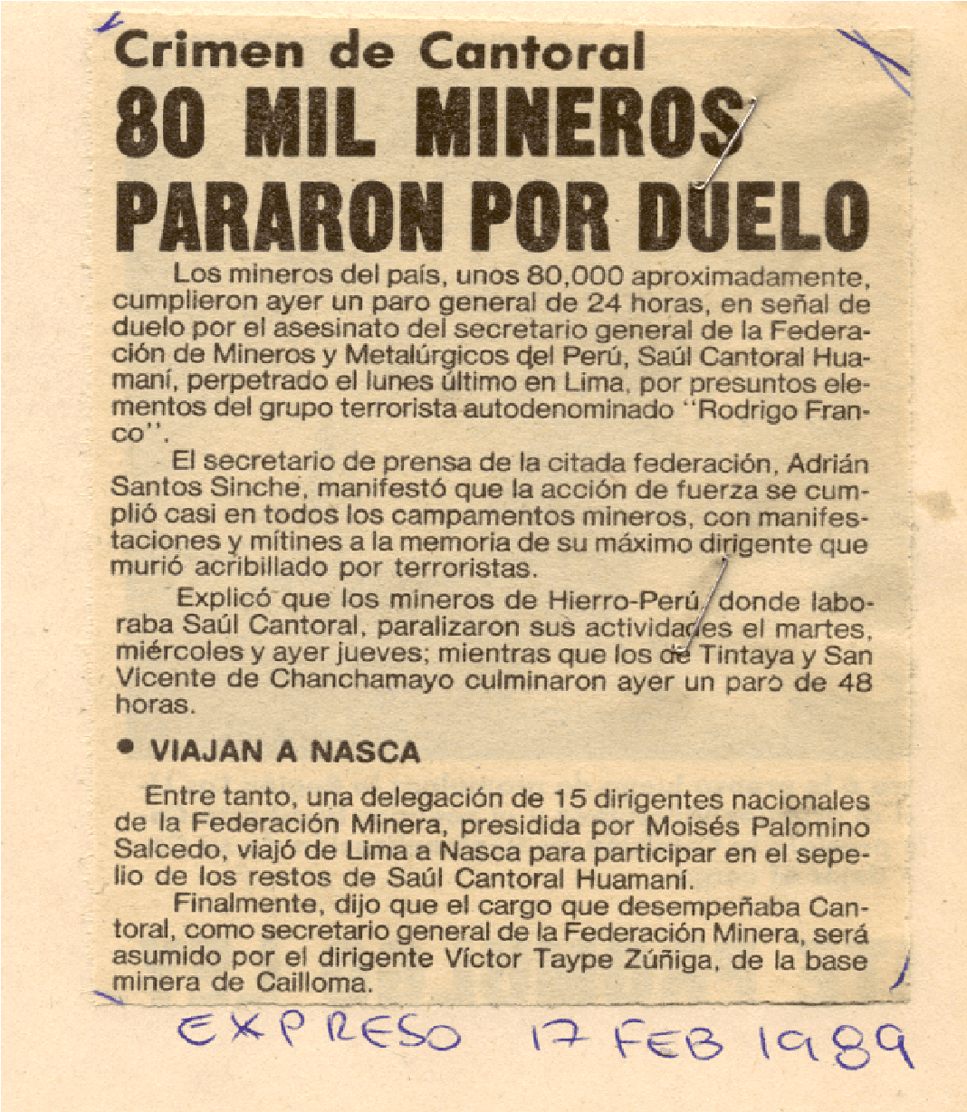 17 FEB - 80 mil mineros pararon por duelo