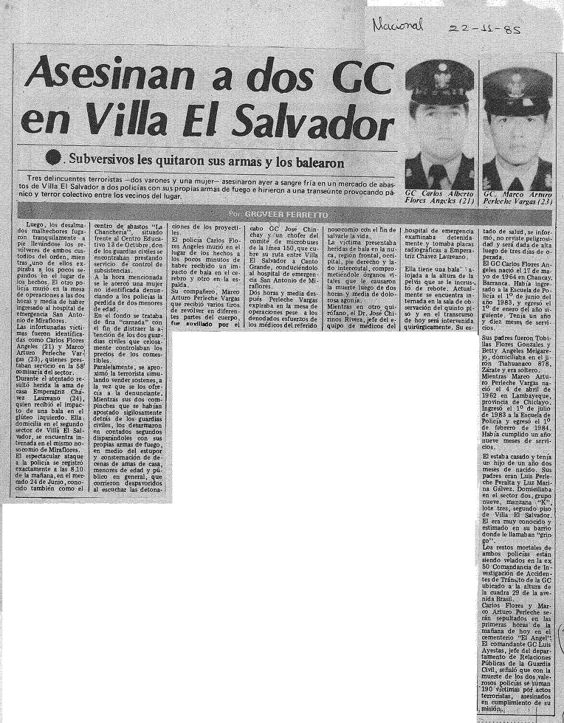 Subversivos matan a 2 GC en mercado de Villa El Salvador