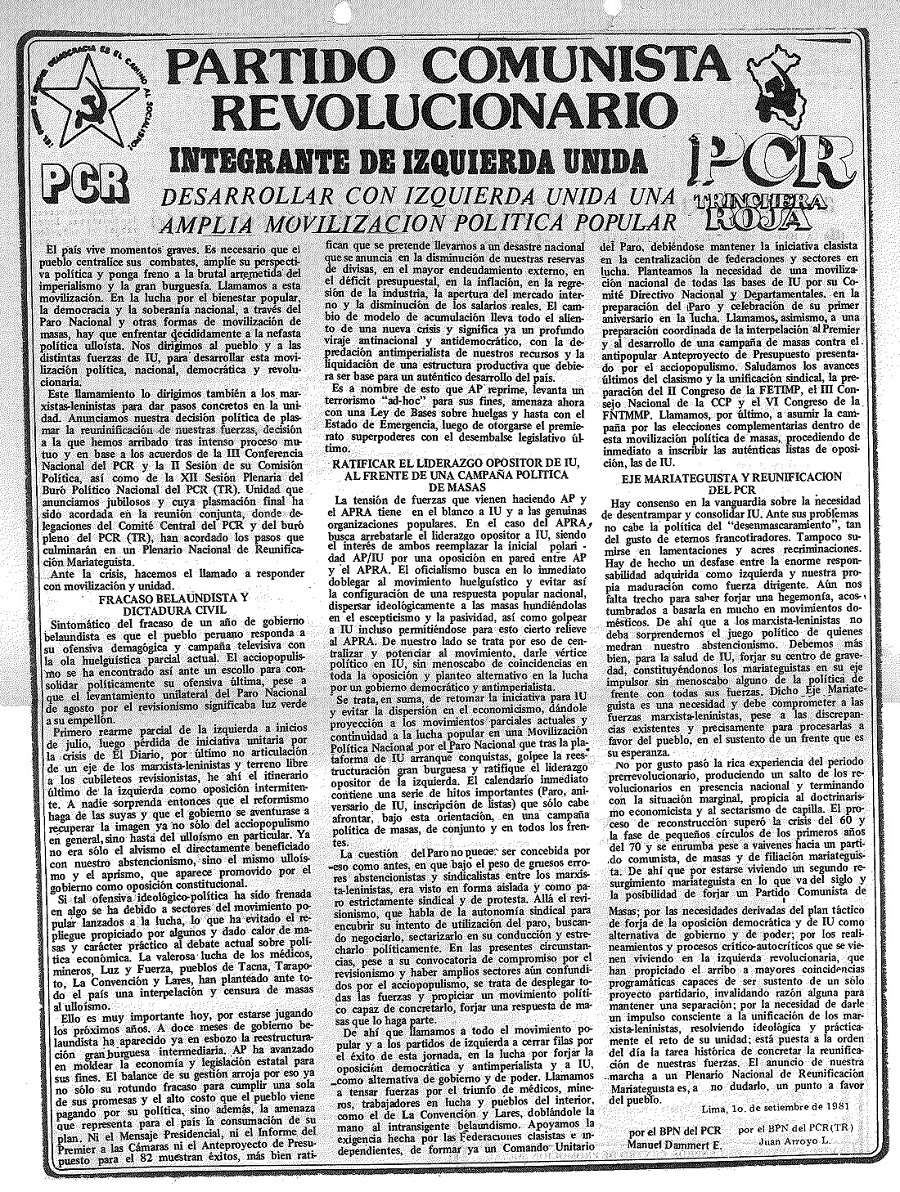 Partido Comunista Revolucionario: Desarrollar la Izquierda Unida una amplia movilización política popular