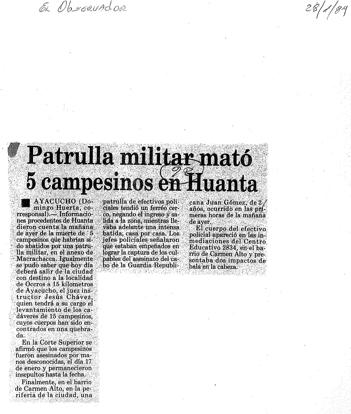 Patrulla militar mató 5 campesinos en Huanta
