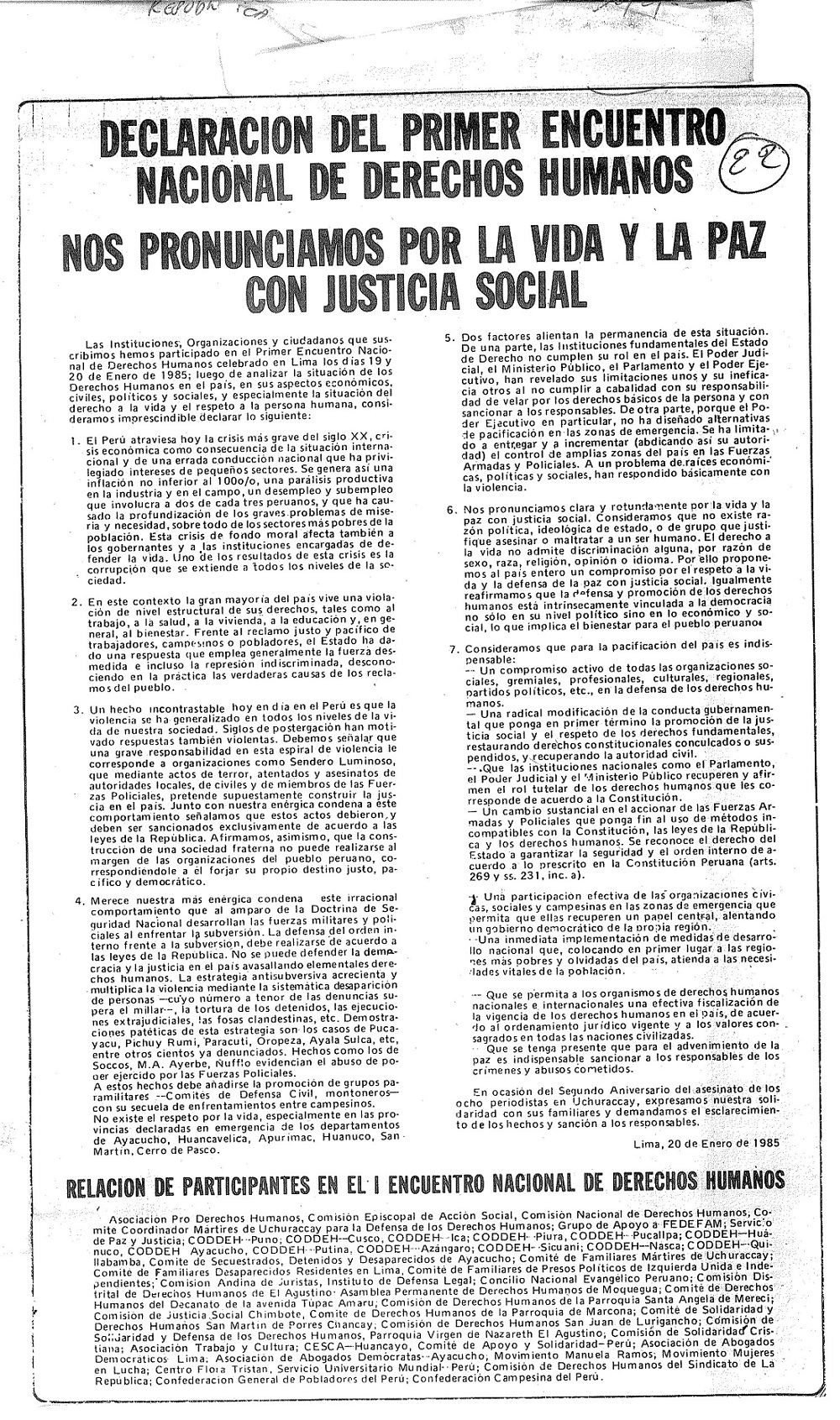 Declaración del primer encuentro Nacional de Derechos Humanos