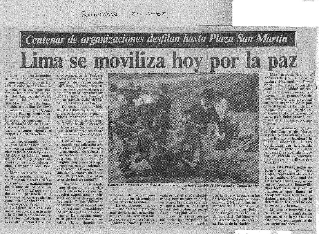 Lima se moviliza hoy por la paz