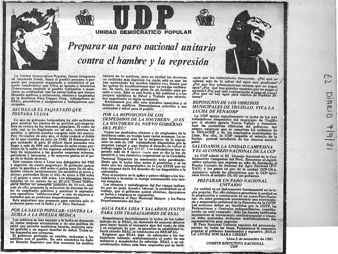 UDP: Preparar un Paro Nacional unitario contra el hambre y la represión