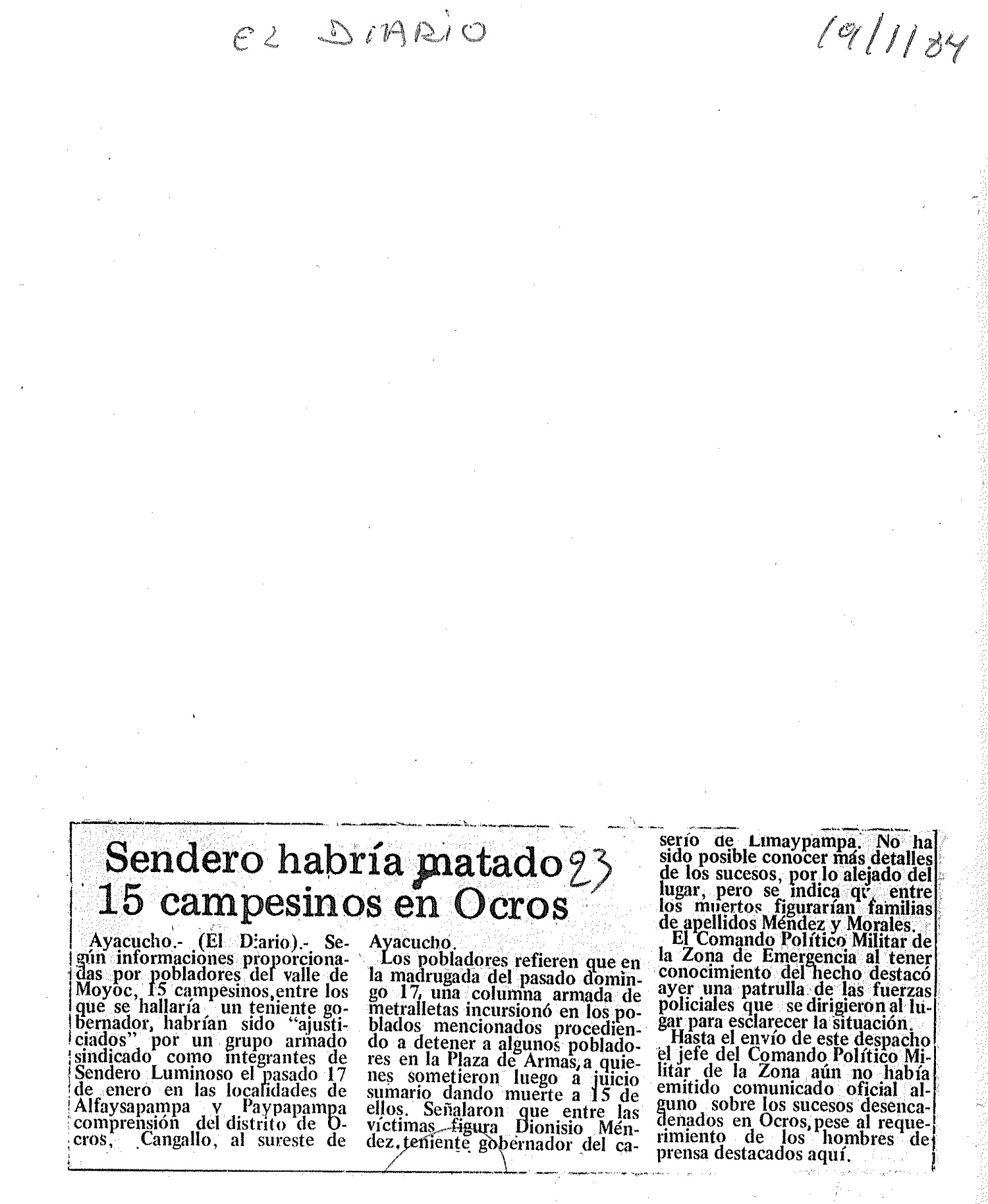 Sendero habría matado 15 campesinos en Ocros