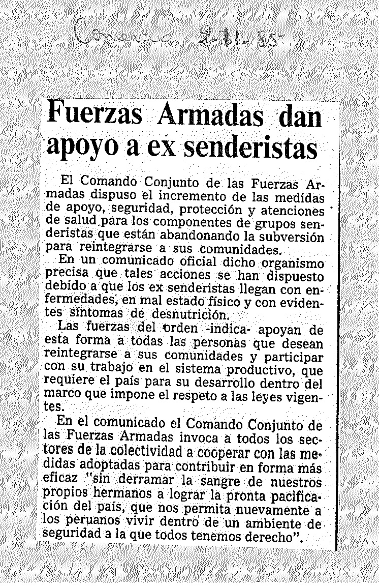 Fuerzas Armadas dan apoyo a ex senderistas