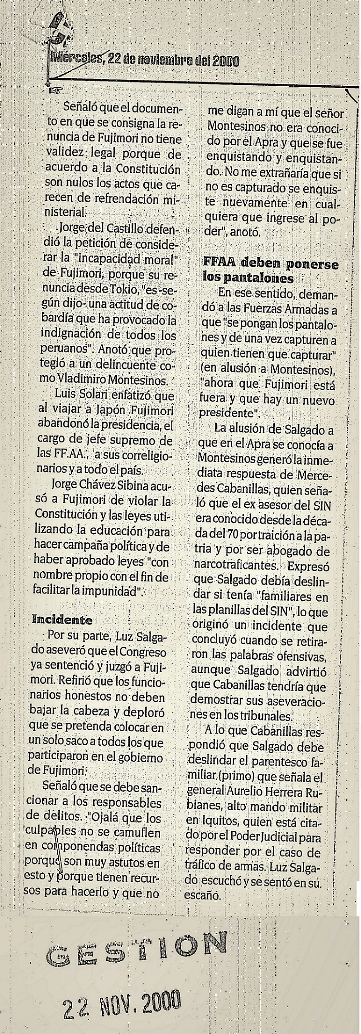 Congreso declara la vacancia de Fujimori por permanente incapacidad moral