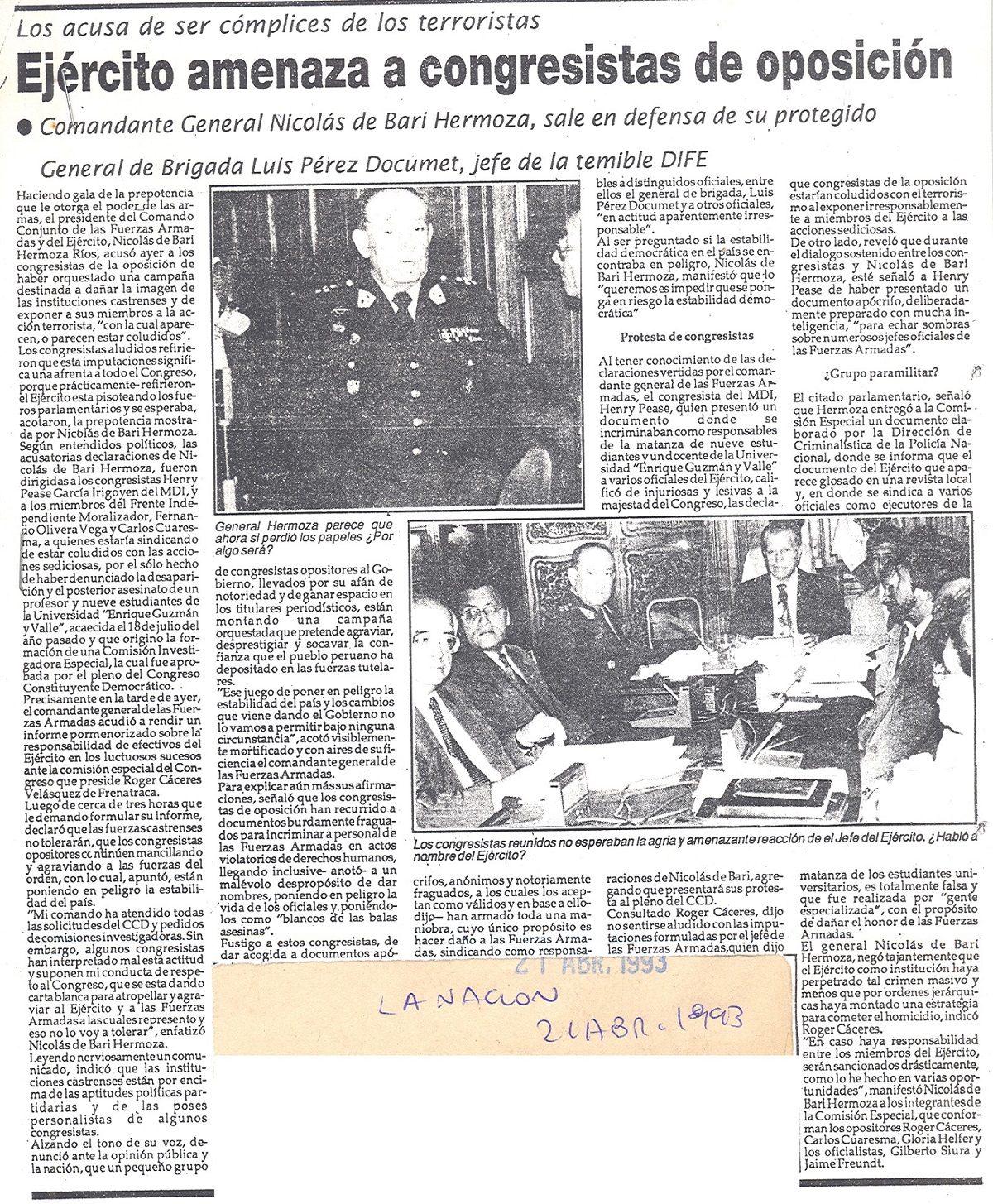 Ejército amenaza a congresistas de oposición