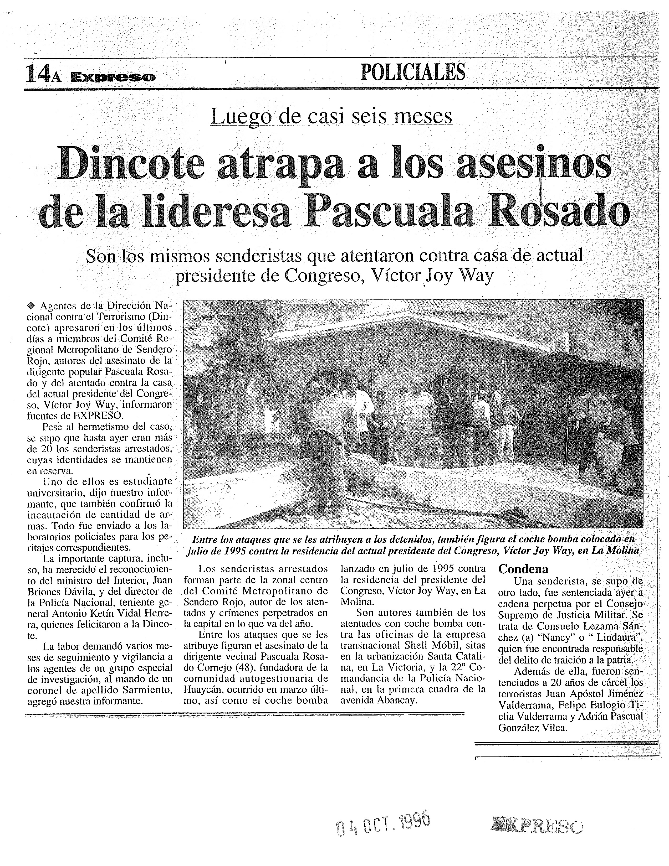 2. 04 de octubre 1996 - DINCOTE atrapa a los asesinos de la lideresa Pascuala Rosado