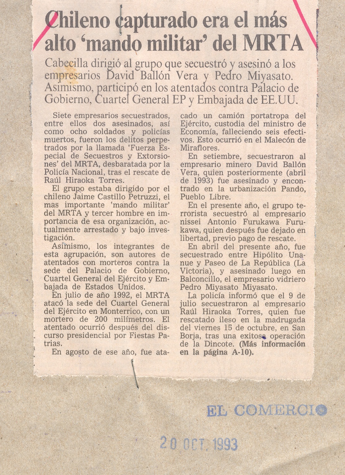 CHILENO CAPTURADO ERA DEL MRTA