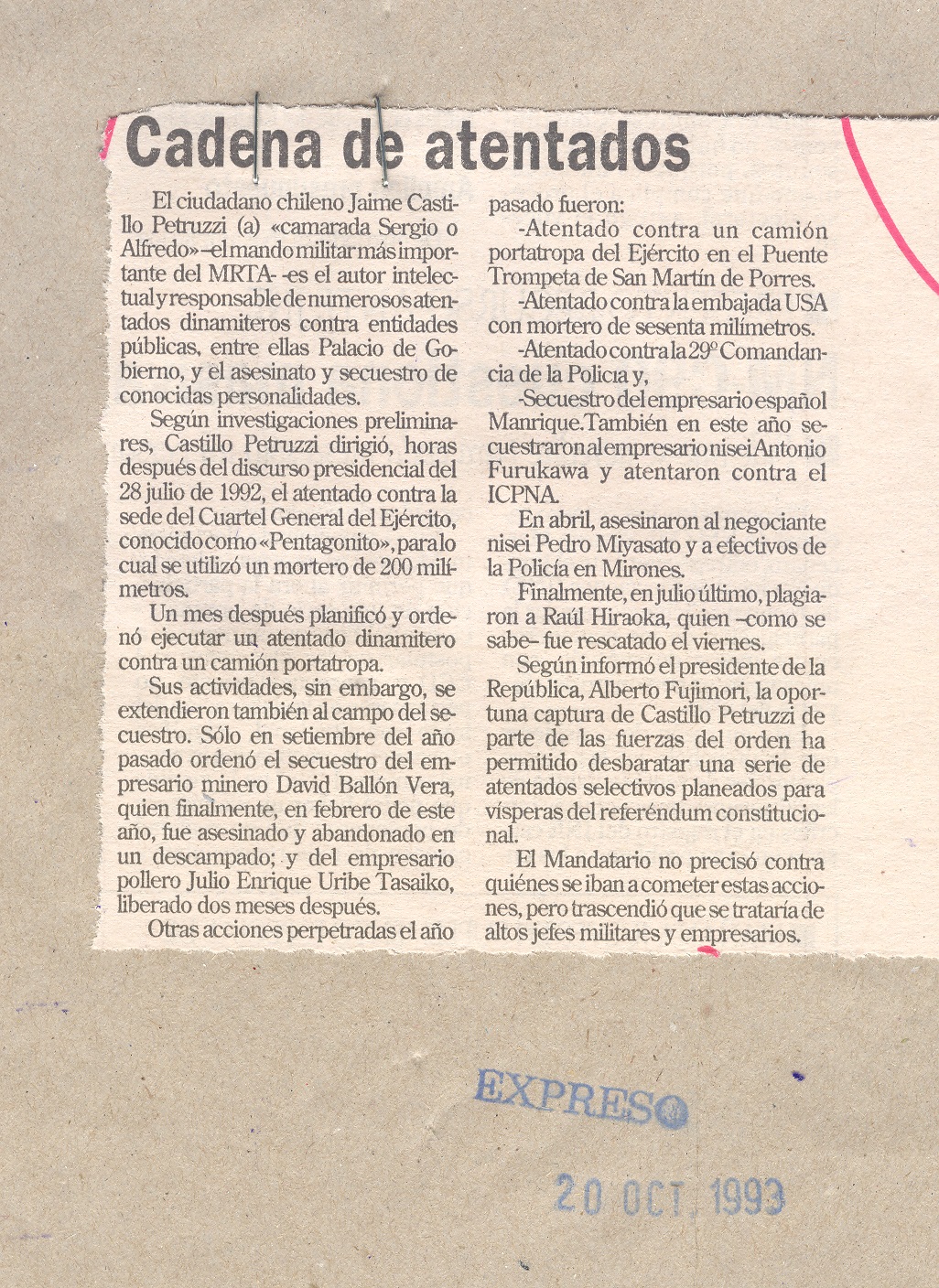 CHILENO CAPTURADO FUE CULPABLE DE MUCHOS ATENTADOS