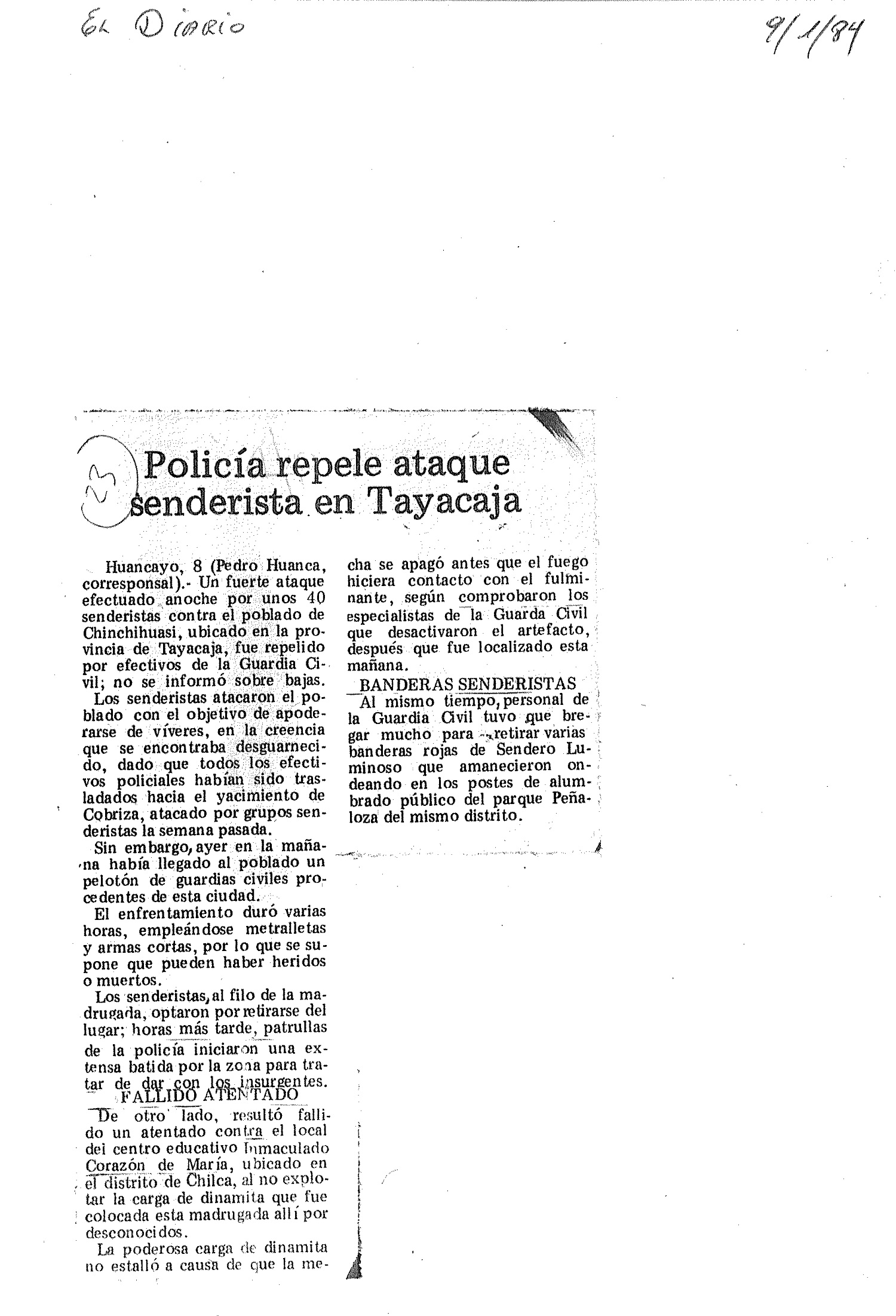 Policía repele ataque senderista en Tayacaja