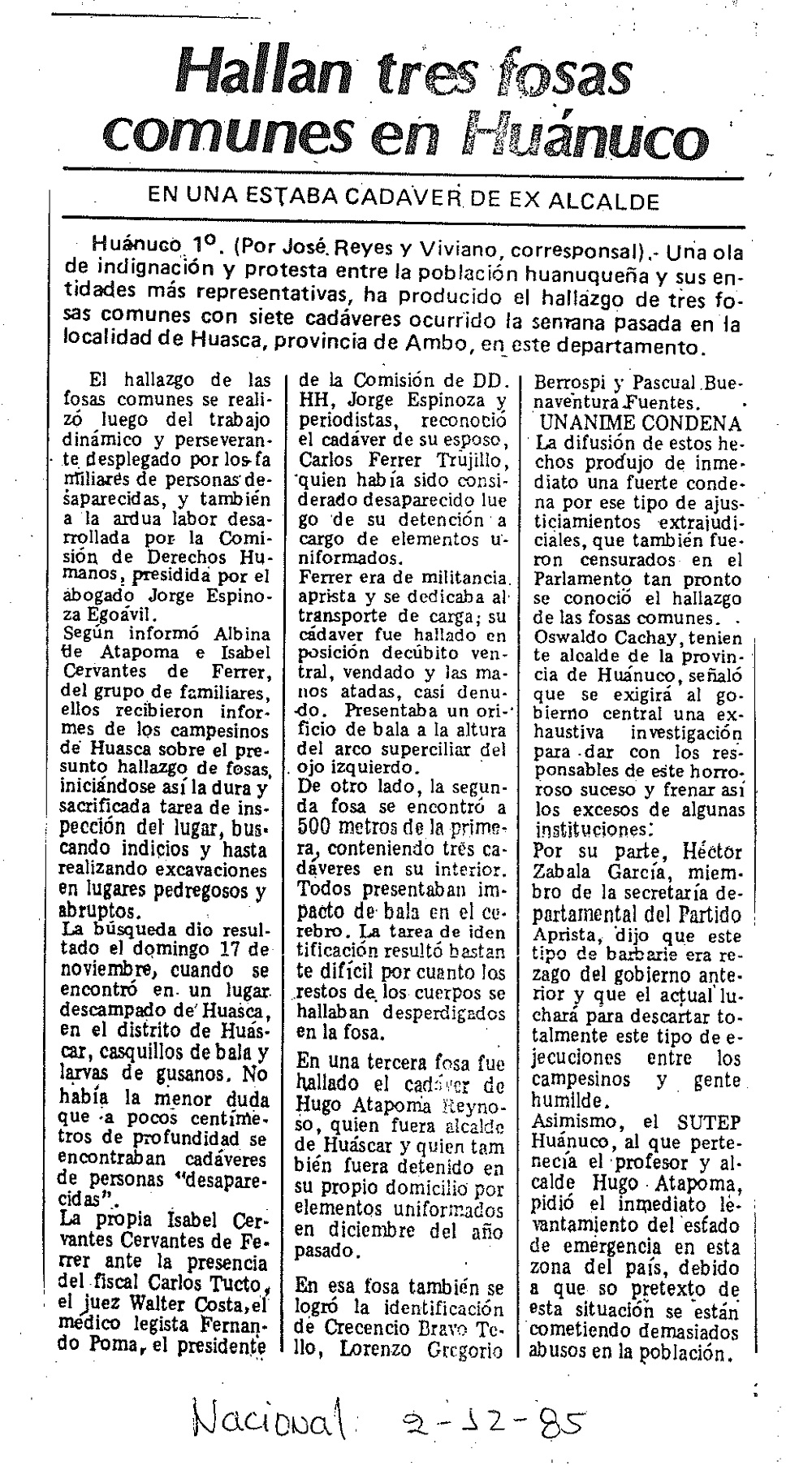 Hallan tres fosas comunes en Huánuco