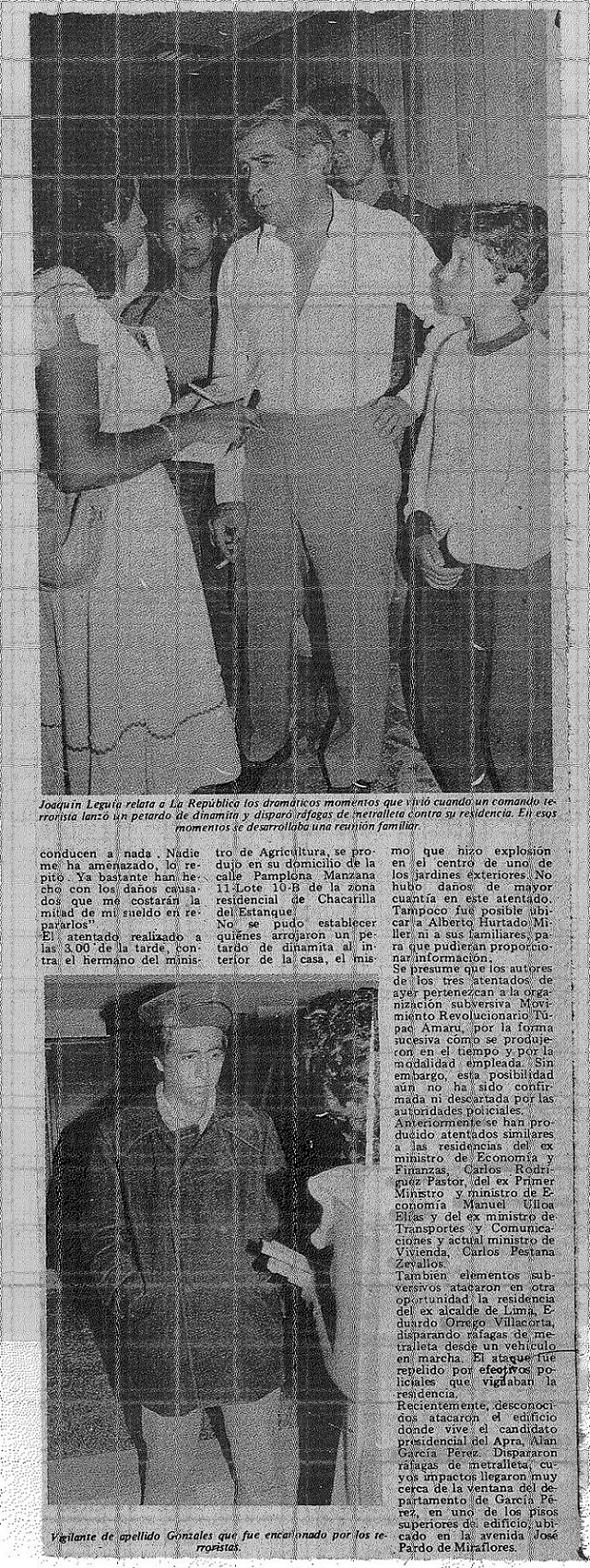 Terroristas dinamitan casa del ministro Joaquín Leguía