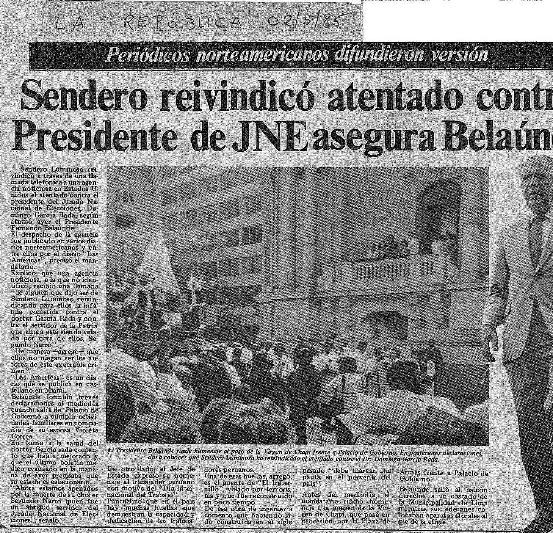 Sendero reivindicó atentado contra Presidente de JNE asegura Belaúnde
