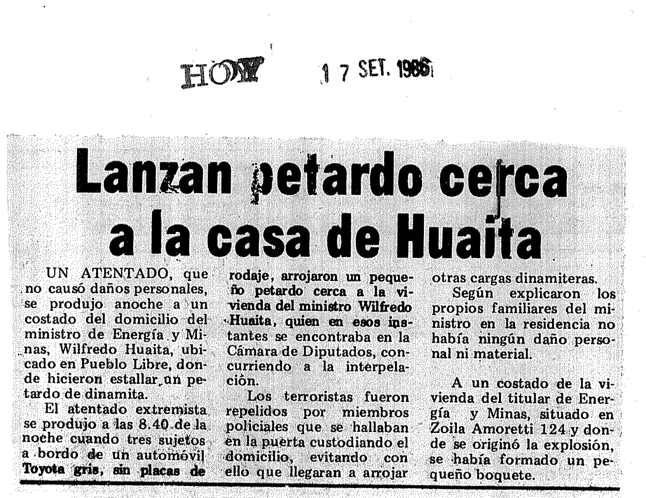Lanzaron petardo contra casa de ministro Huaita