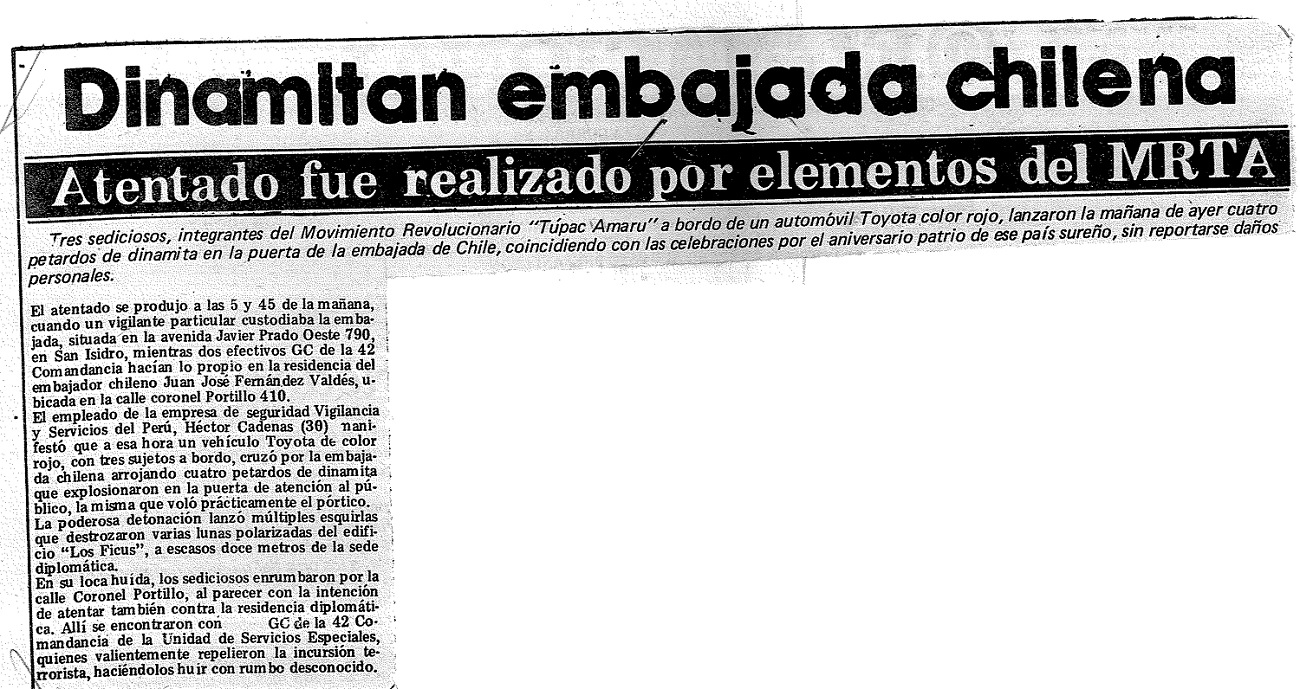 MRTA lanza bombas a la embajada chilena