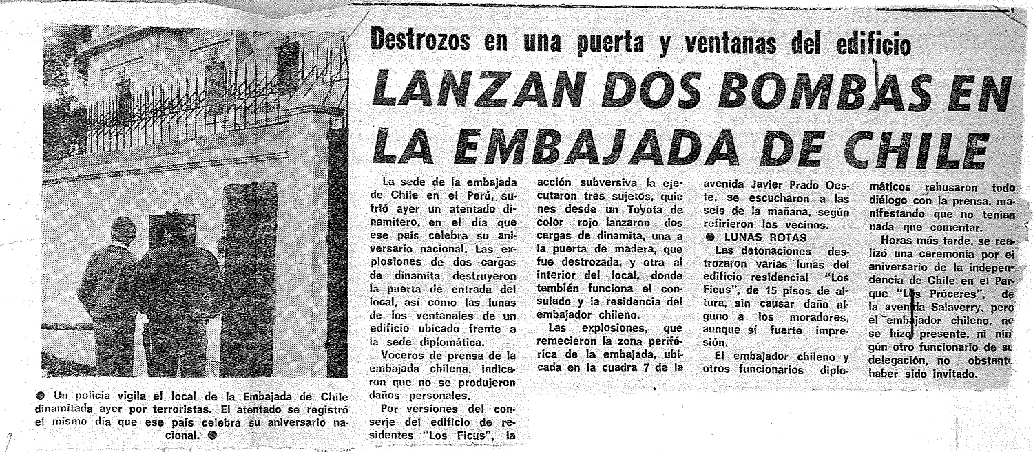 MRTA lanza bombas a la embajada chilena