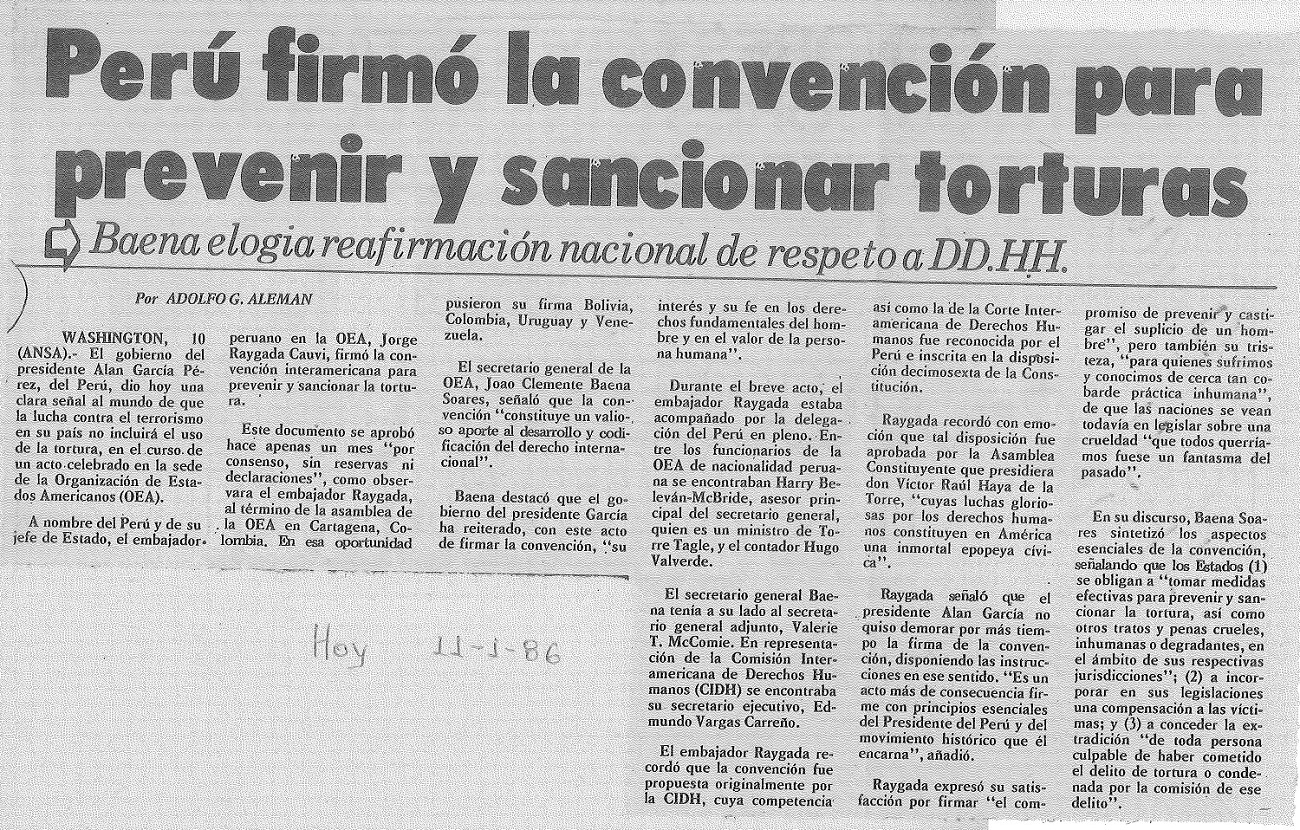 Perú firmó la convención para prevenir y sancionar torturas