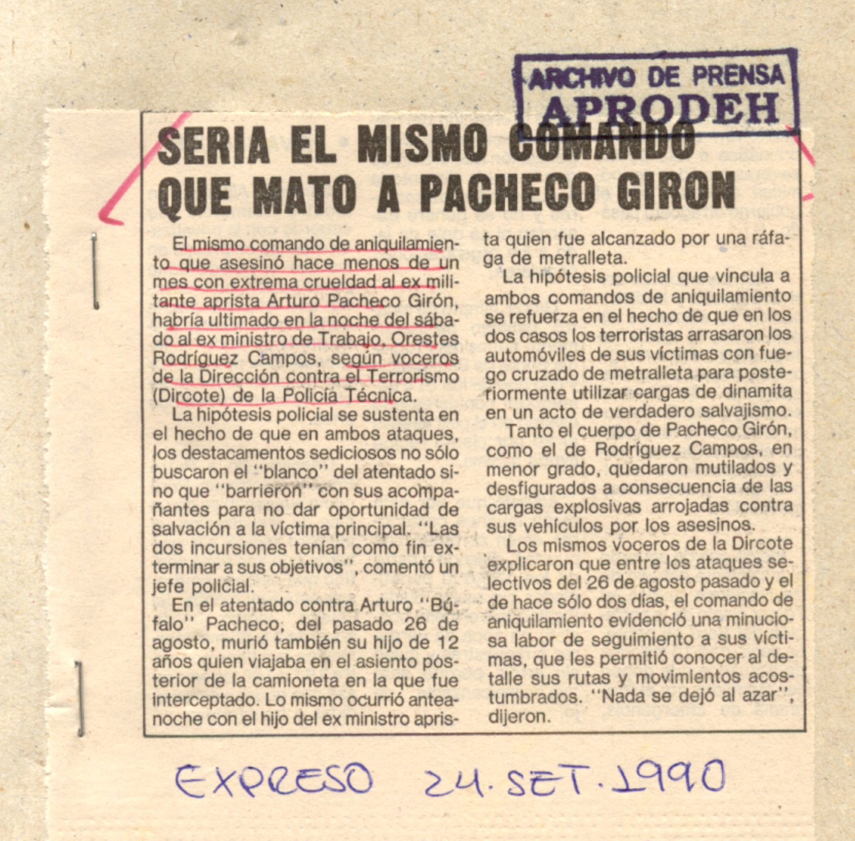 Sería el mismo comando que mato a Pacheco Girón