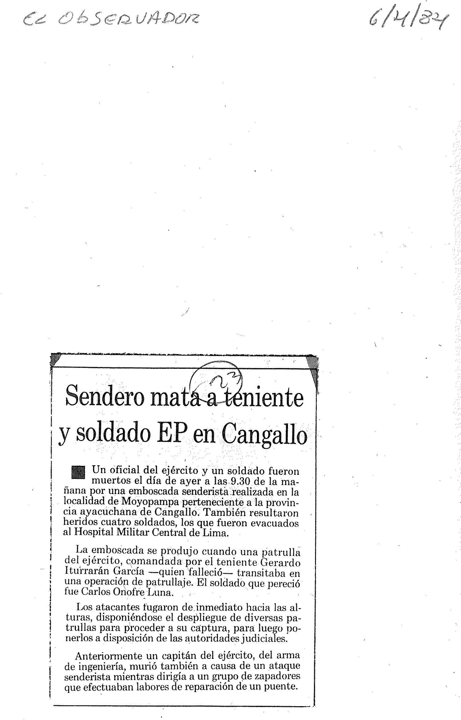 Matan teniente y soldado en Cangallo