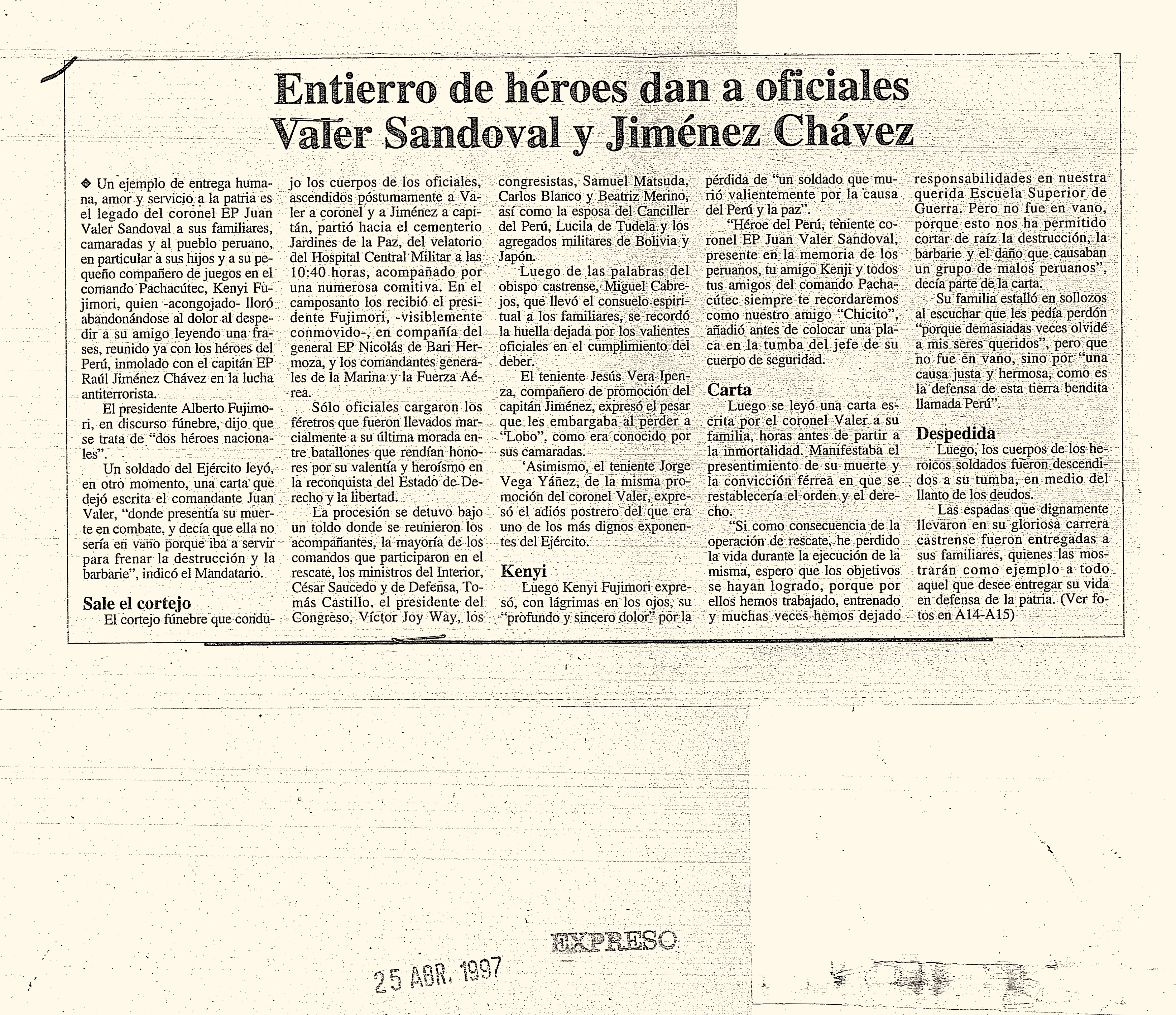 25 ABRIL ENTIERRO A HEROES DAN A OFICIALES VALER SANDOVAL Y JIMENEZ