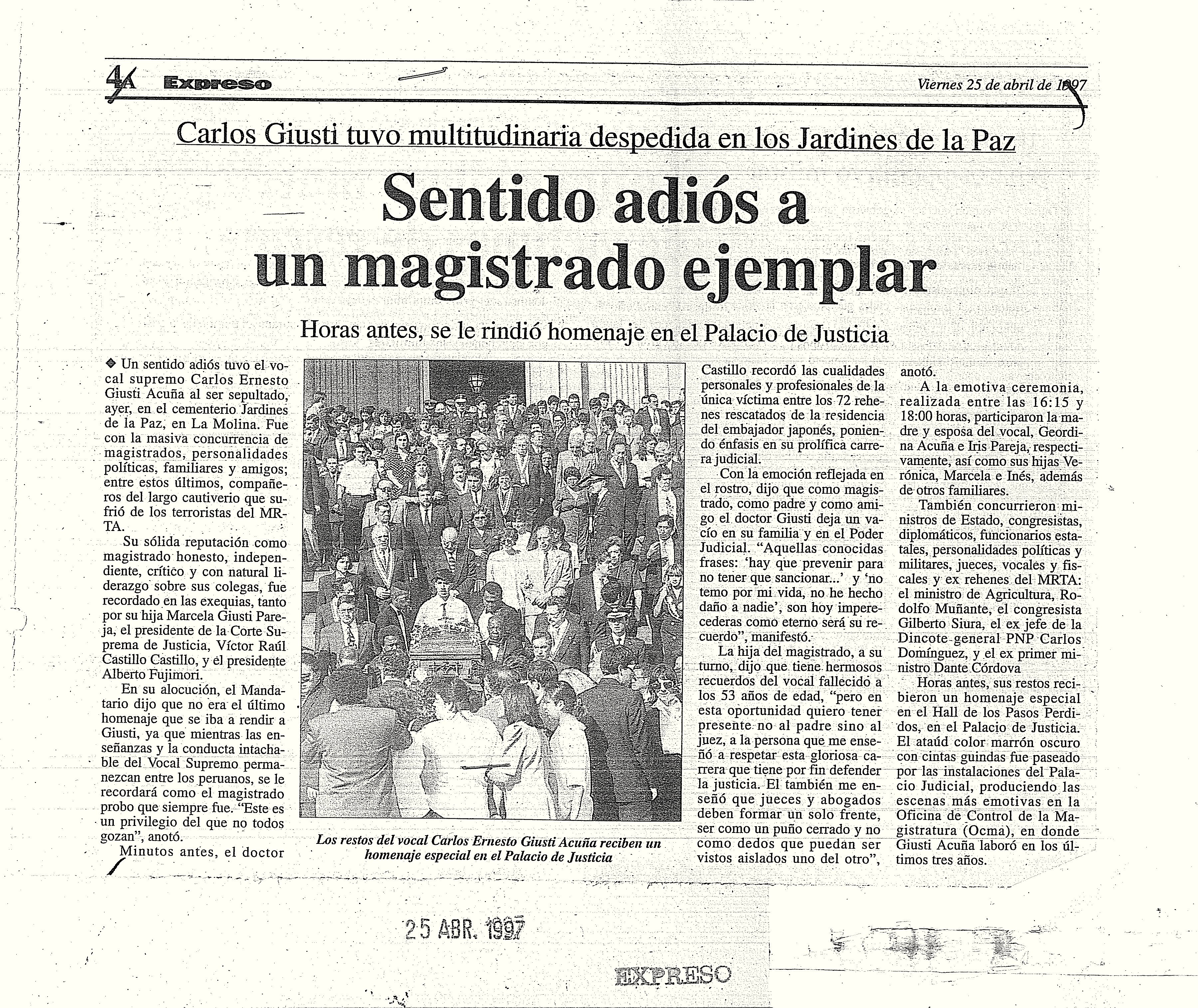 25 ABRIL SENTIDO ADIOS A UN MAGISTRADO EJEMPLAR