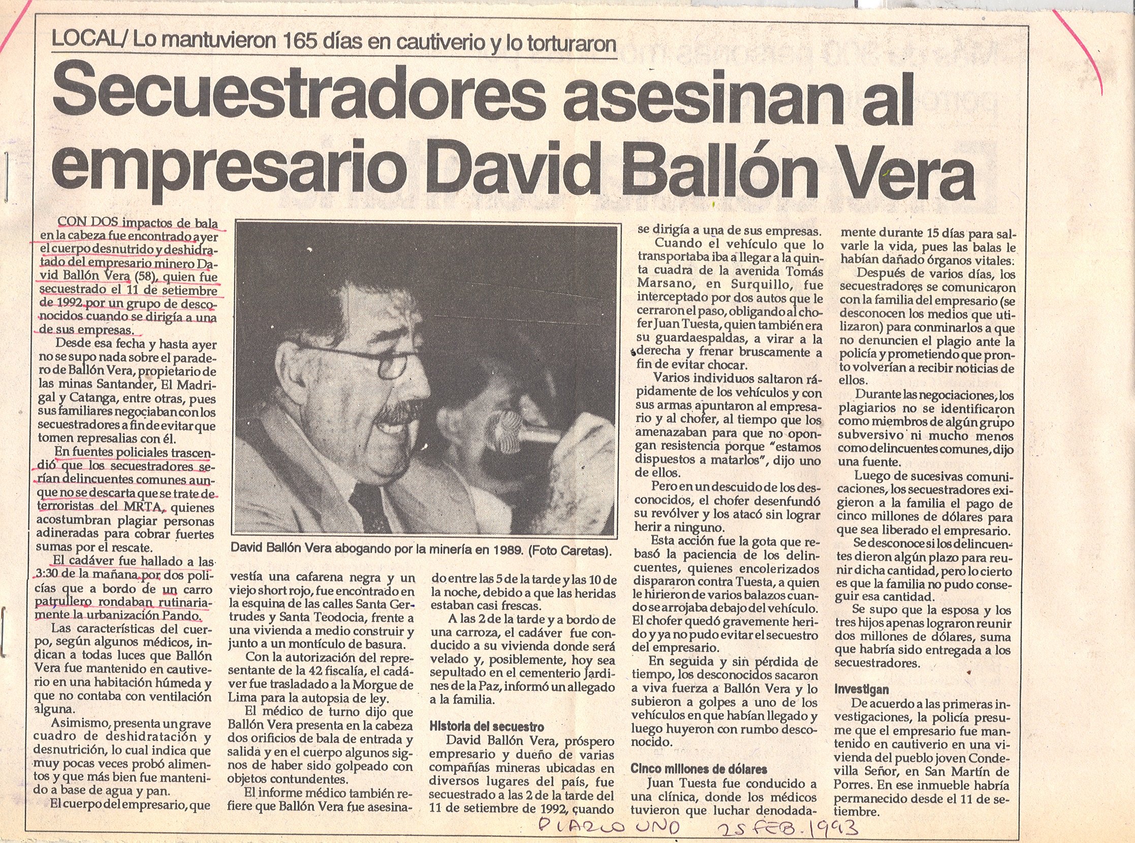 1993 SECUESTRADORES ASESINAN AL EMPRESARIO DAVID BALLON