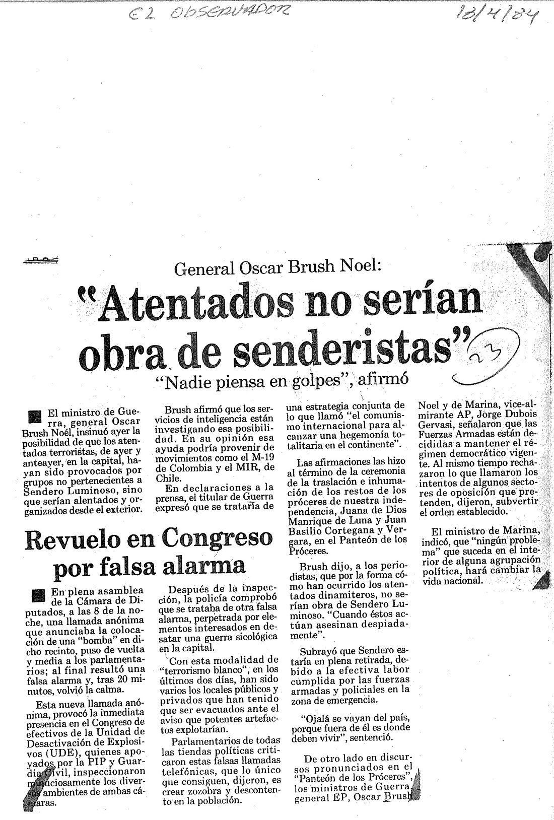 Atentados serían ajenos a Sendero, manifiesta Brush