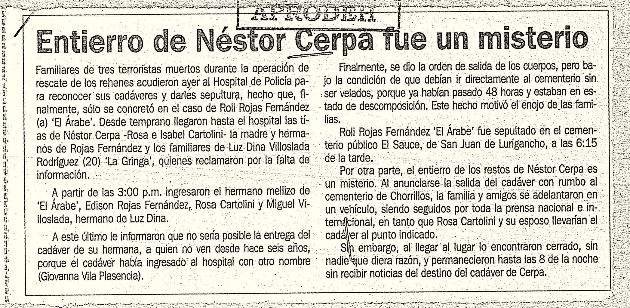 26 ABRIL ENTIERRO DE NÉSTOR CERPA FUE UN MISTERIO