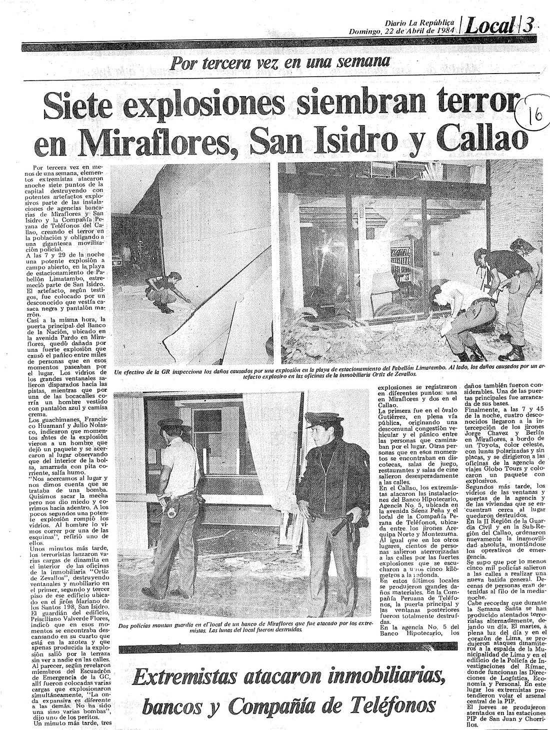 Siete explosiones siembran terror en Miraflores, San Isidro y Callao