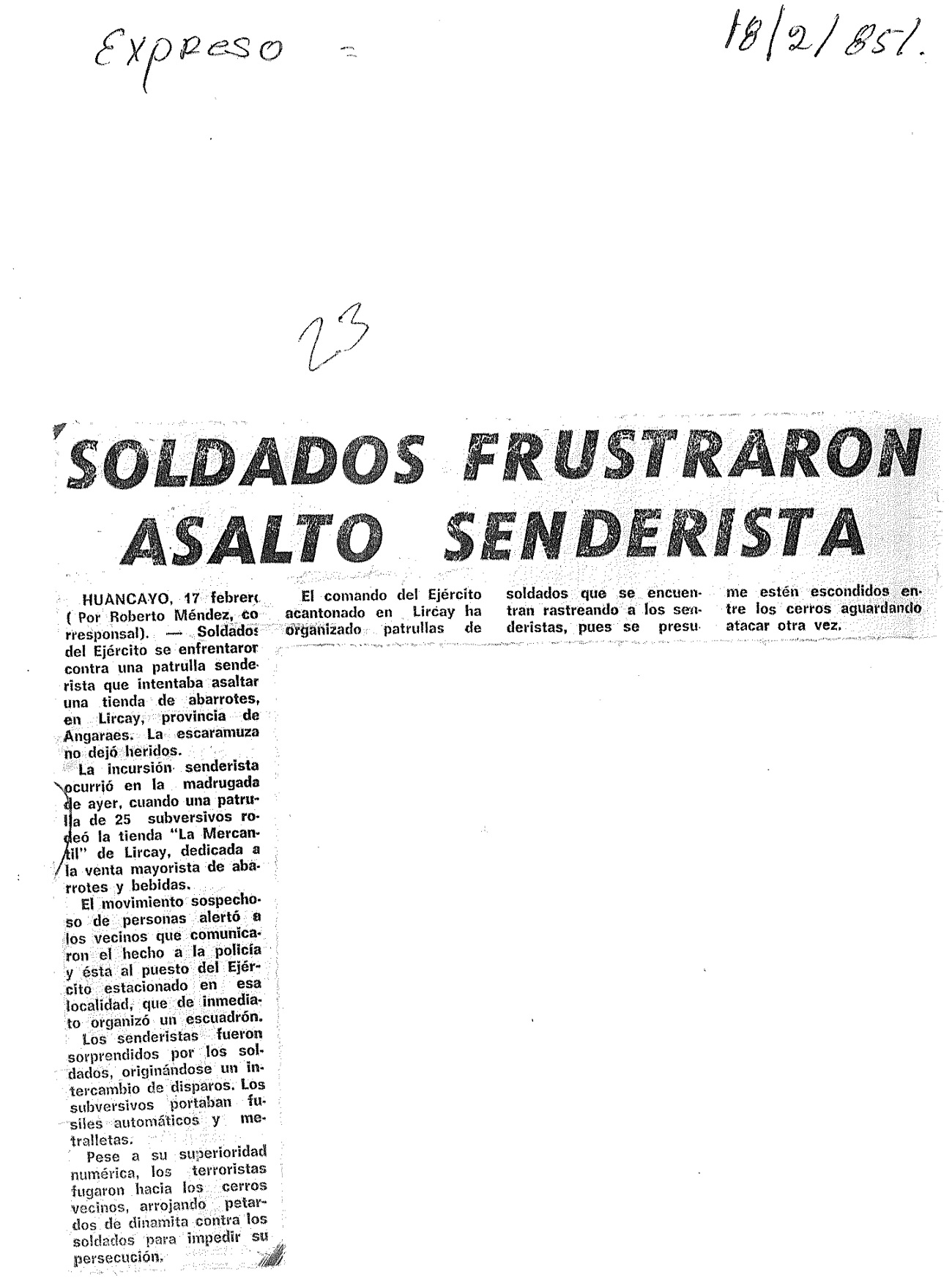 Soldados frustraron asalto senderista