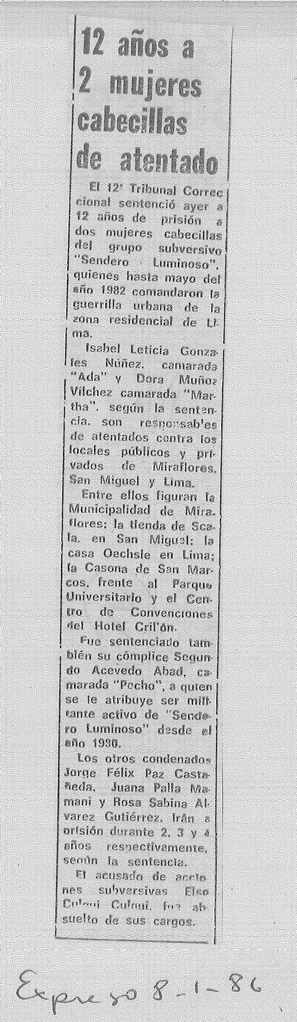 12 años a 2 mujeres cabecillas de atentado