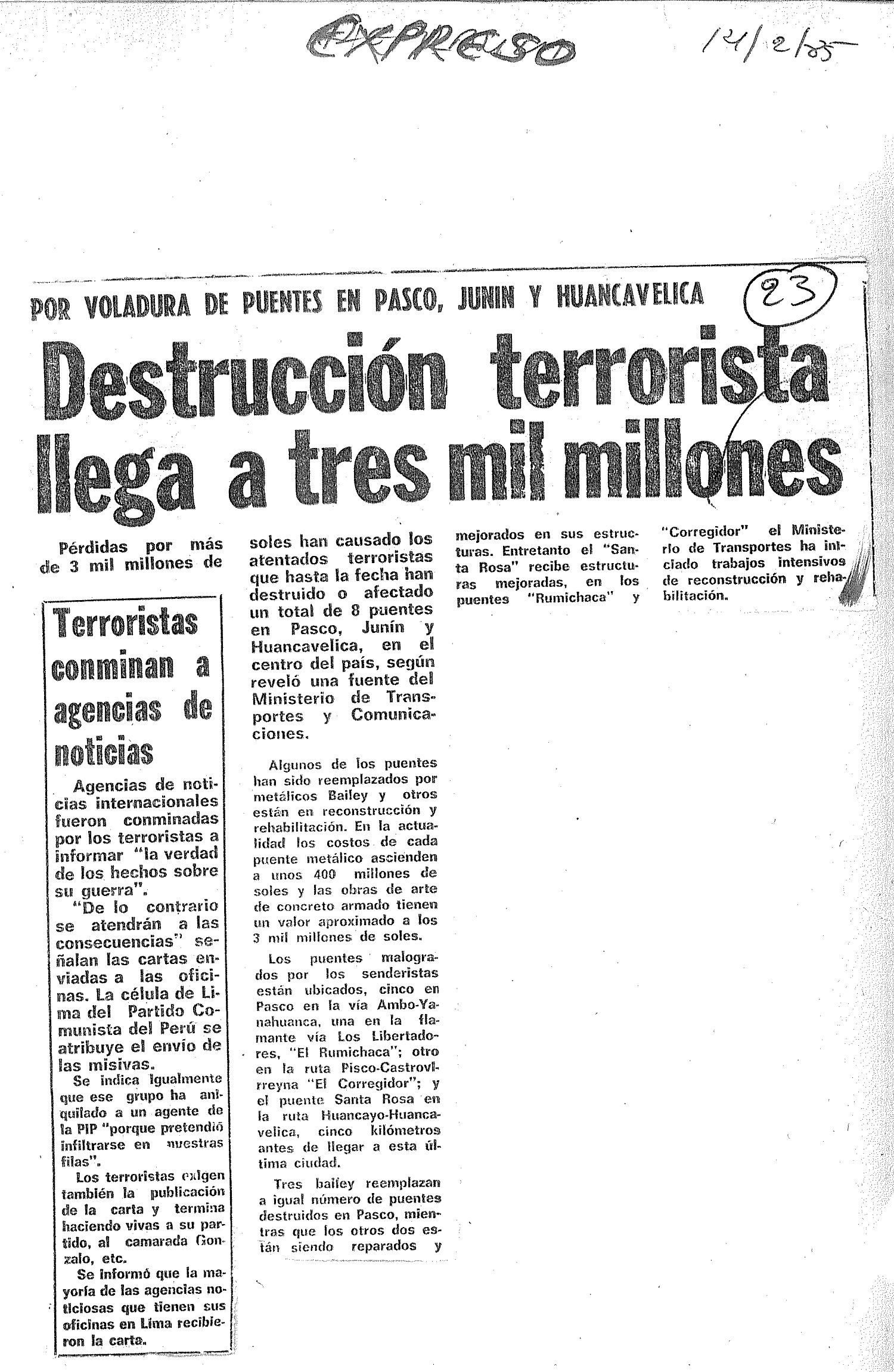 Subversivos en Ayacucho dañan puentes metálicos