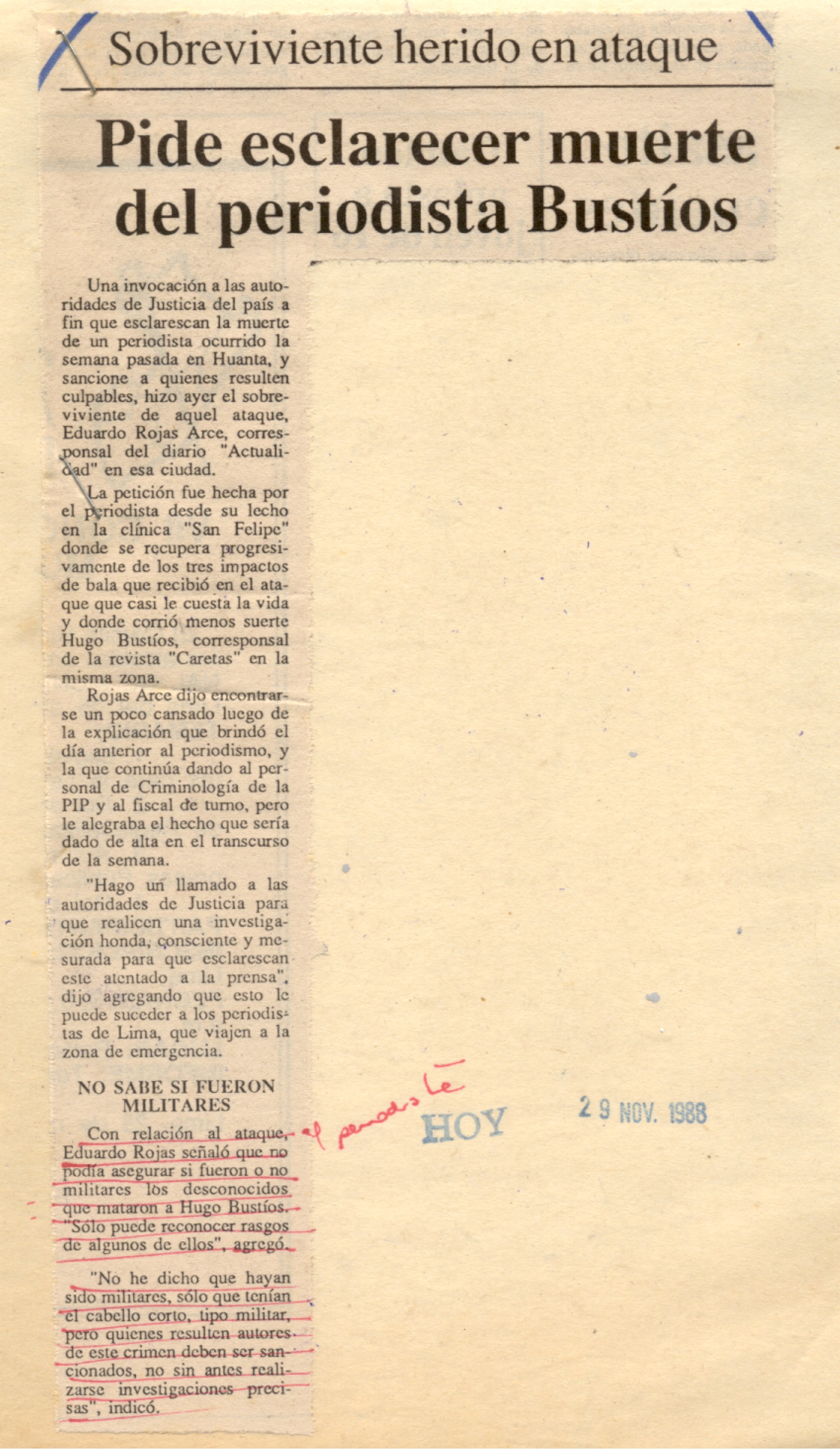 29 NOVIEMBRE PIDE ESCLARECER MUERTE DEL PERIODISTA BUSTIOS