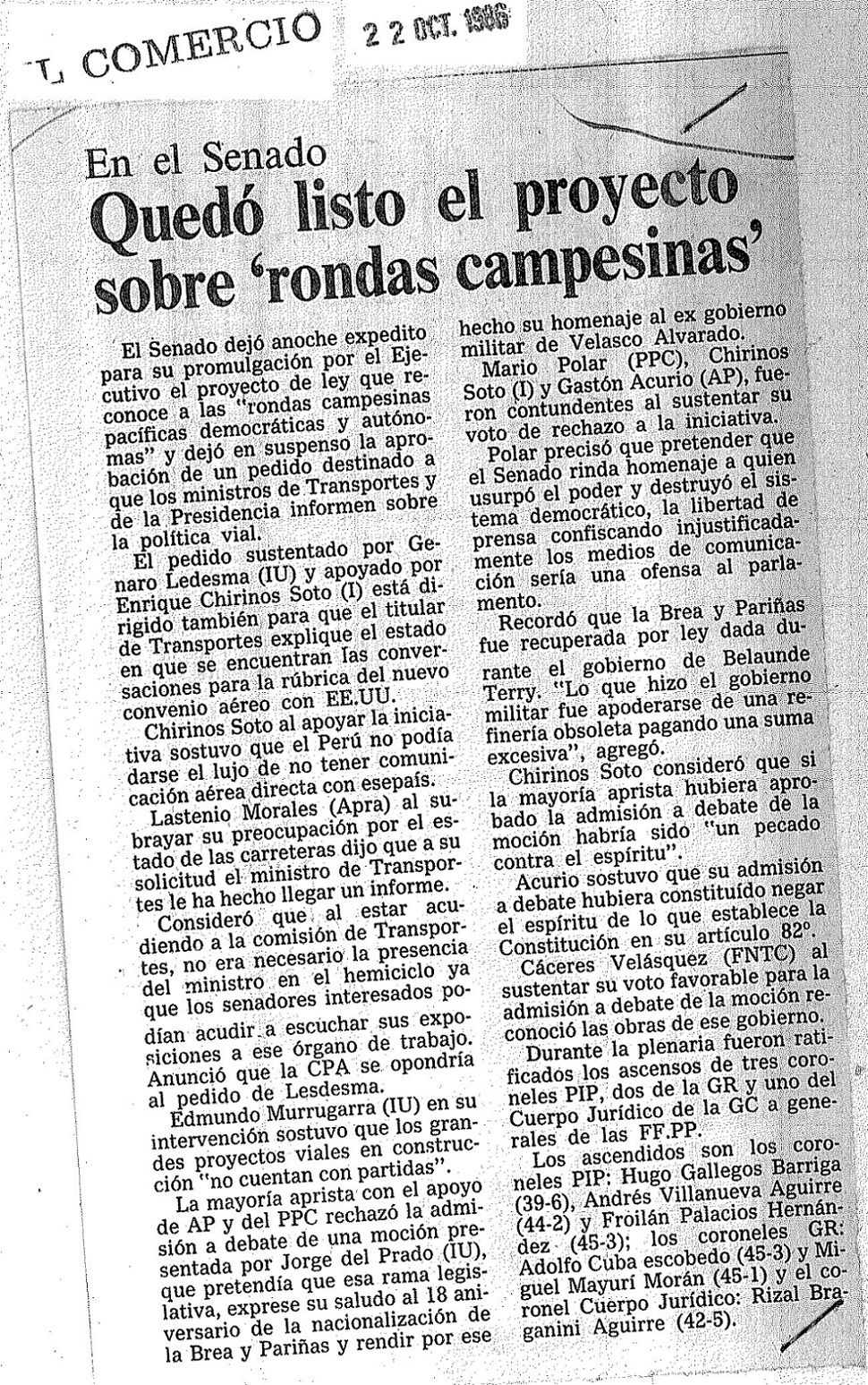 Quedó listo el proyecto sobre ‘rondas campesinas’