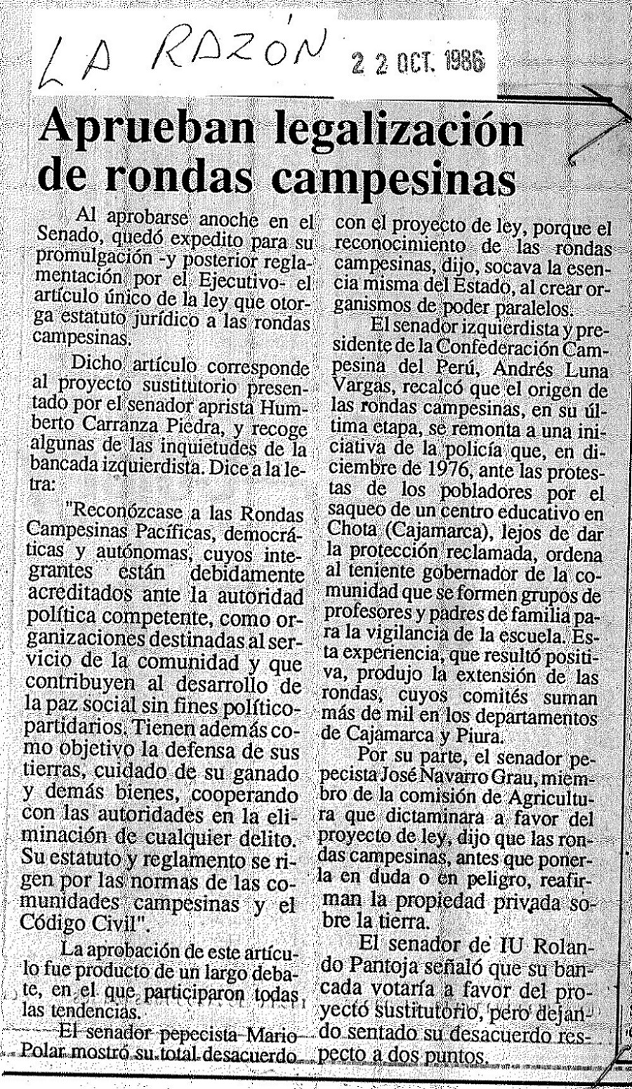 Quedó listo el proyecto sobre ‘rondas campesinas’