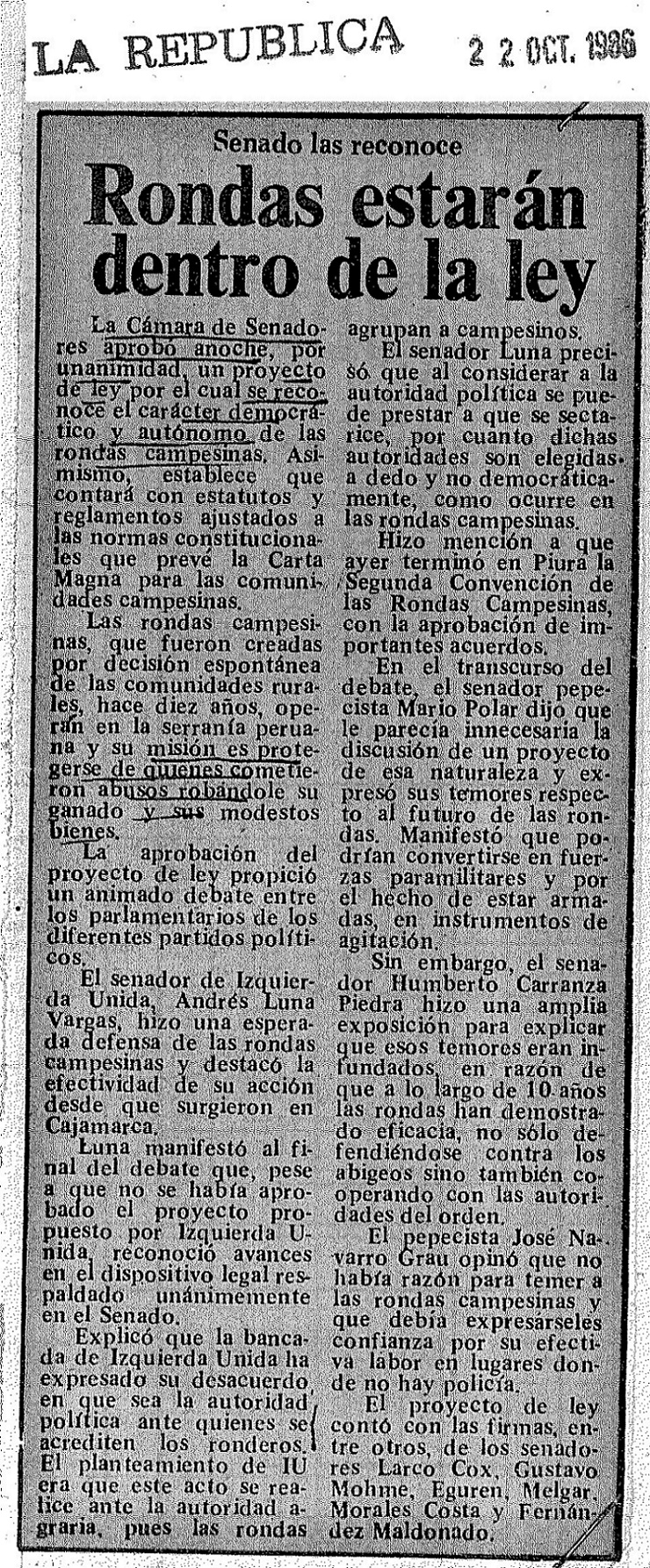 Quedó listo el proyecto sobre ‘rondas campesinas’