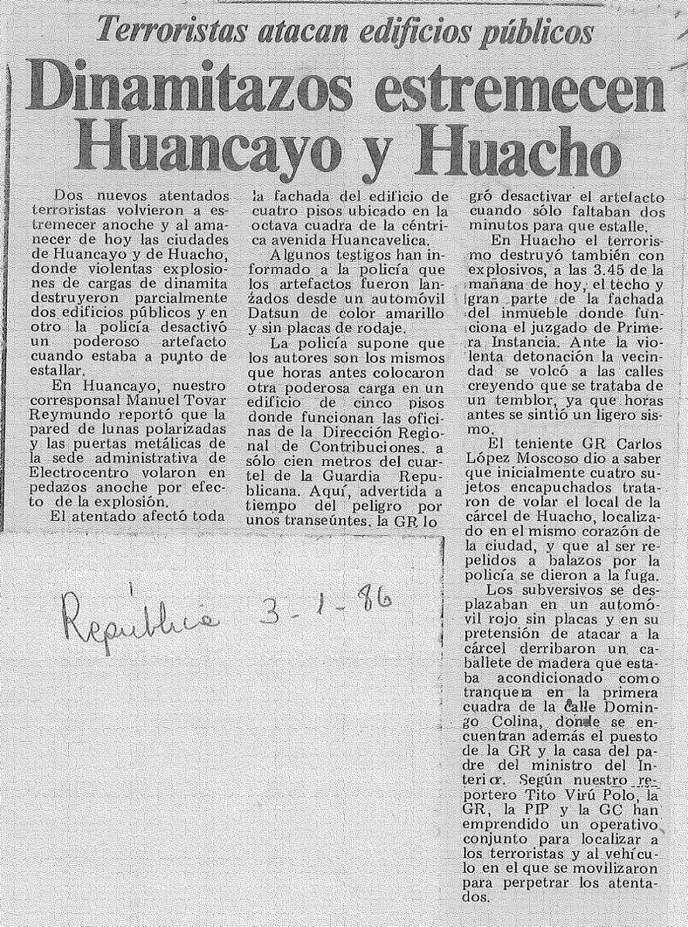 Dinamitazos estremecen Huancayo y Huacho