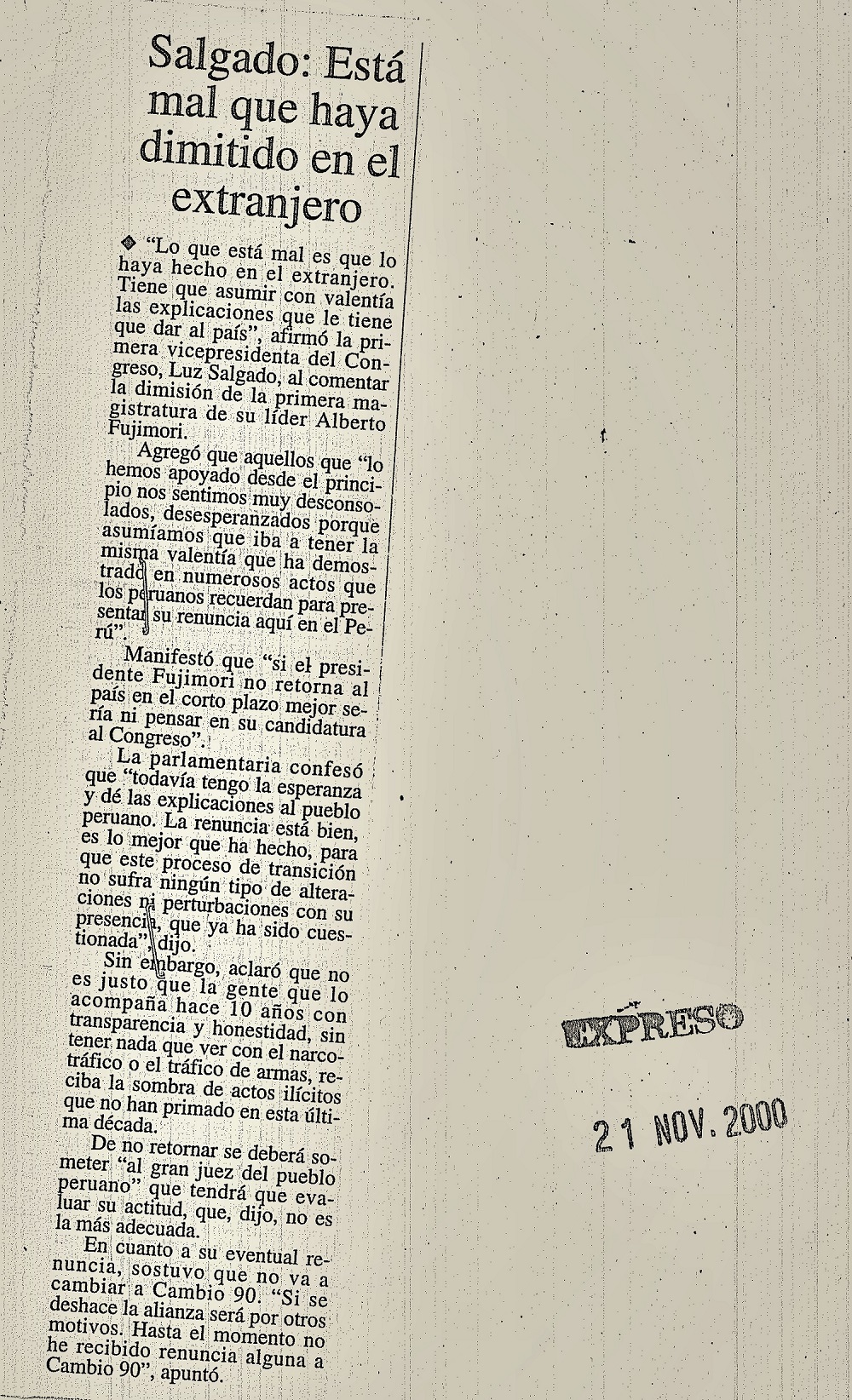 Fujimori formalizó renuncia a Presidencia de la República