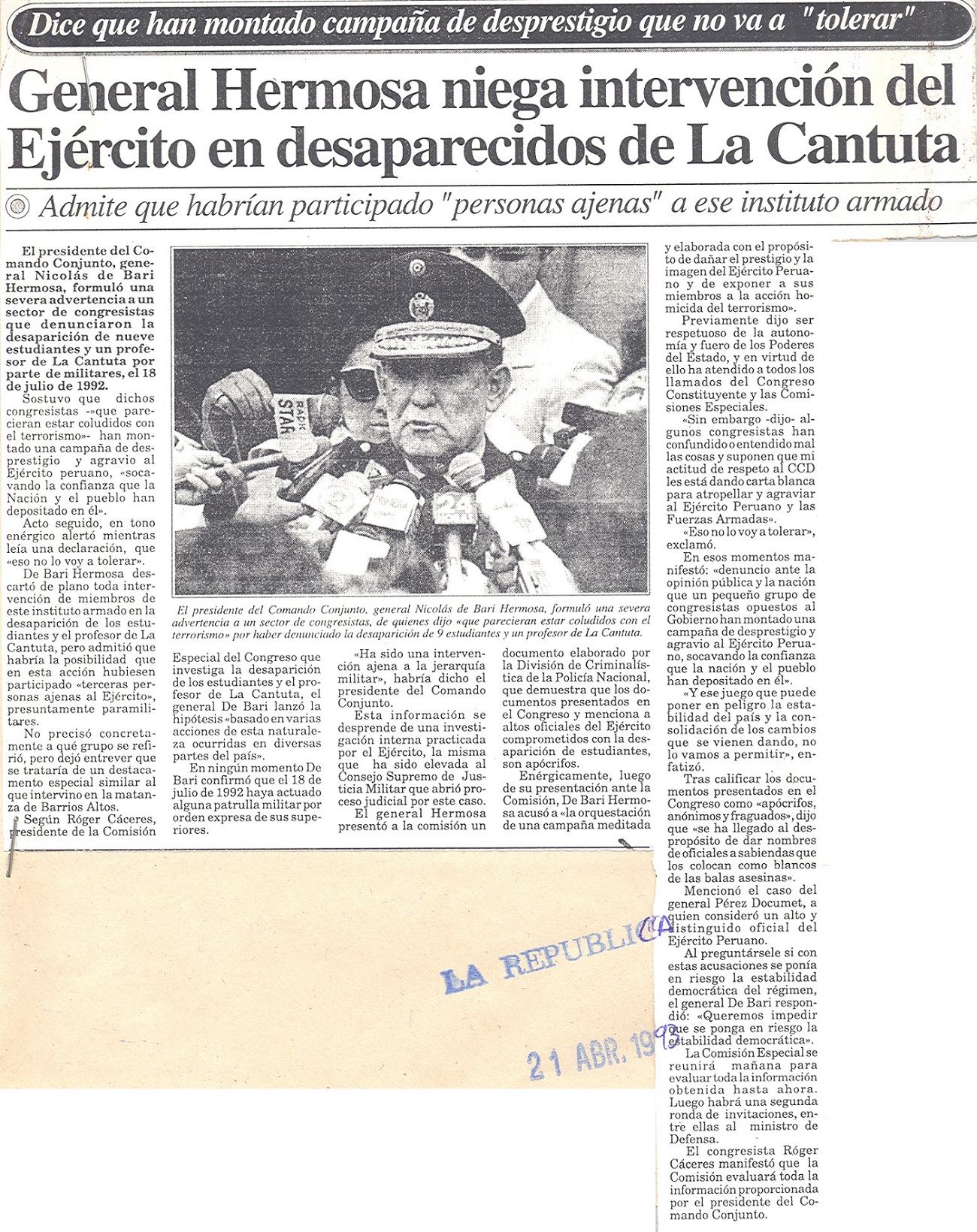 Ejército amenaza a congresistas de oposición