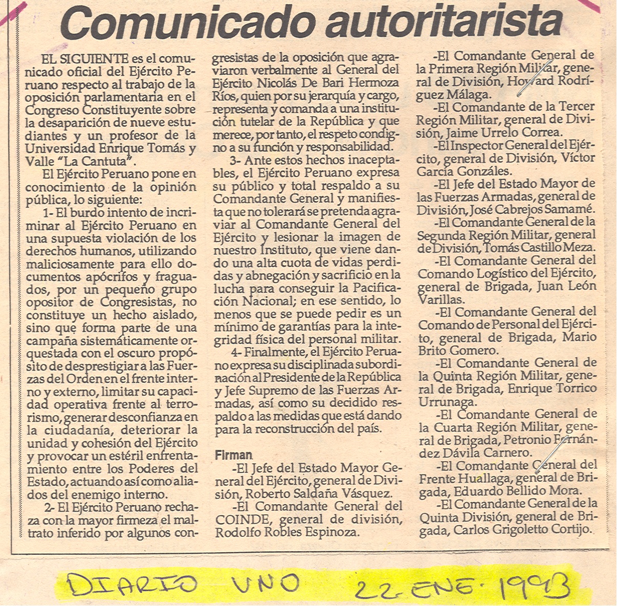 Altos mandos del Ejército amenazan a legisladores